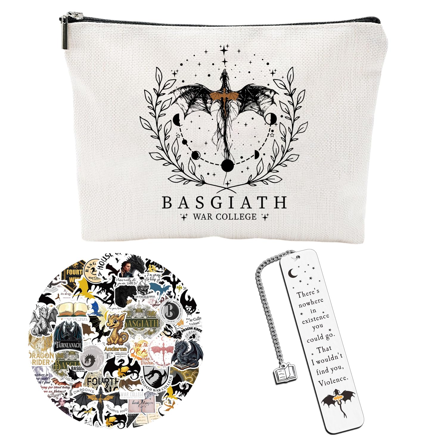 yiuzuikExciting Fourth Wing Merch Fan Set Delightful Cosmetic Bag,Handmade Bookmarks,50 Vibrant Stickers for Your Tote Bag - Perfect for Fans