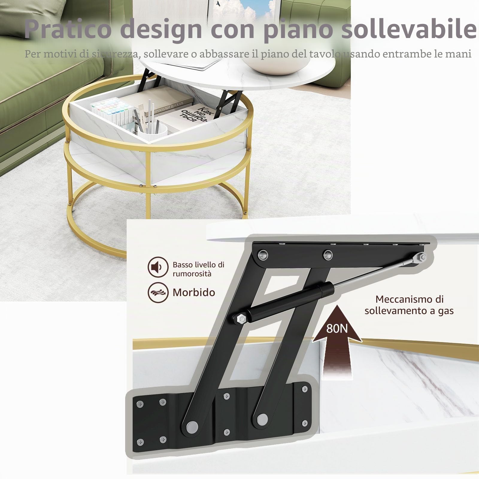 LIFEZEAL Tavolino Salotto Rotondo Sollevabile, Dorato, Oro e Bianco, Effetto di Marmo, Tavolino da Caffè, Divano, Tavolo Soggiorno, con Vano Portaoggetti, in Legno, Metallo, Ø80x49-63cm, Max 80kg