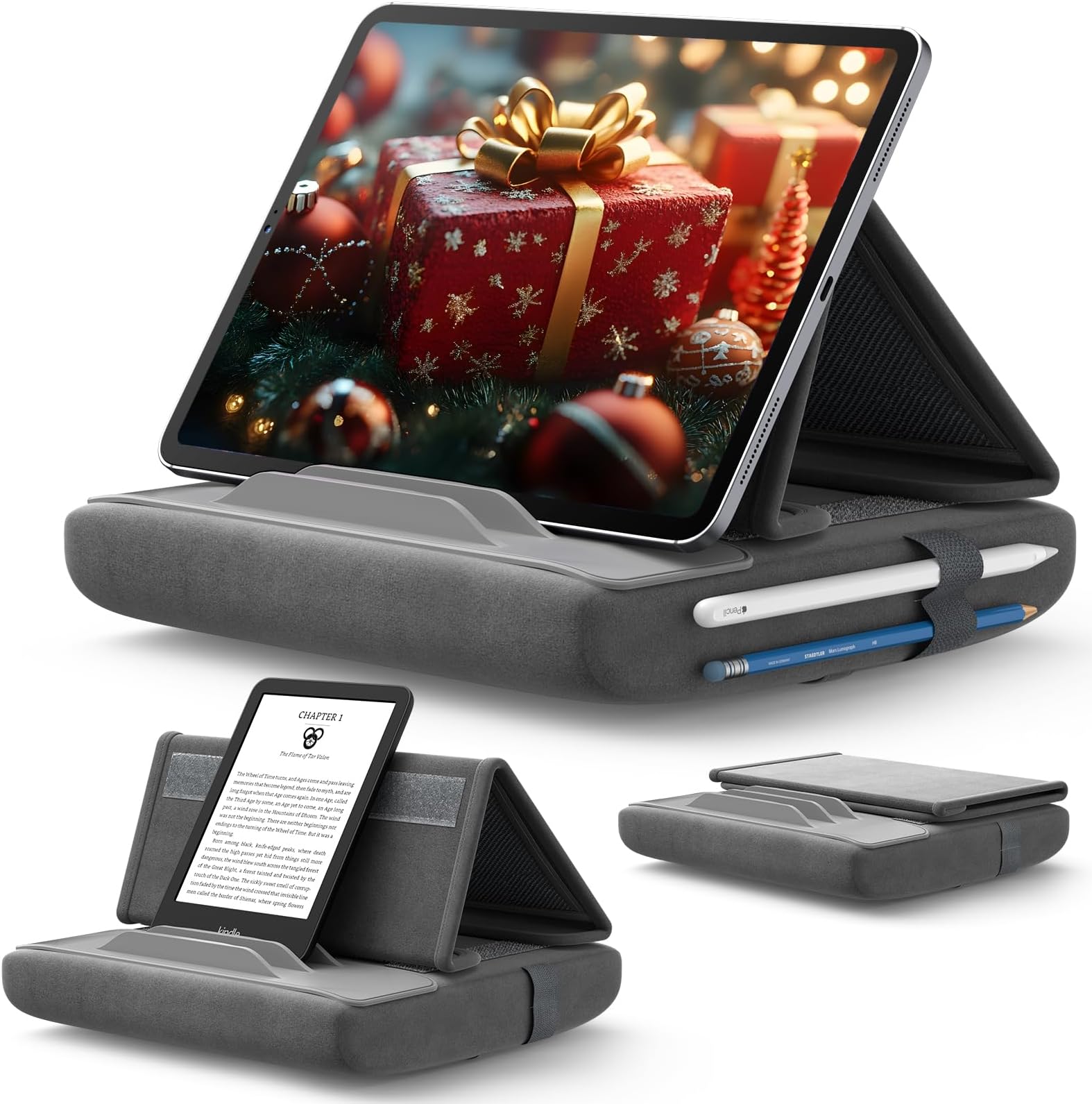 Tablet Pillow Stand, Tablet Stand Holder Dock for Lap, Bed and Desk Compatible with iPad Pro 11 10.5 9.7 10.2 Air Mini, Kindle, Tablets, Phones, E-Reader, Books and More 4-10.9'' Devices Grey