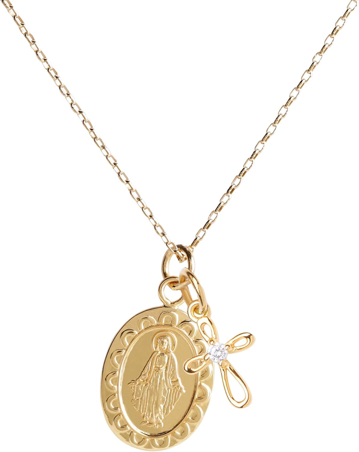 Precious Pieces Girl's 925 Sterling Silver or 14K Gold Plated Miraculous Necklace, Miraculous with Cross or Miraculous Cluster Necklace with Cultured Pearl and Cross