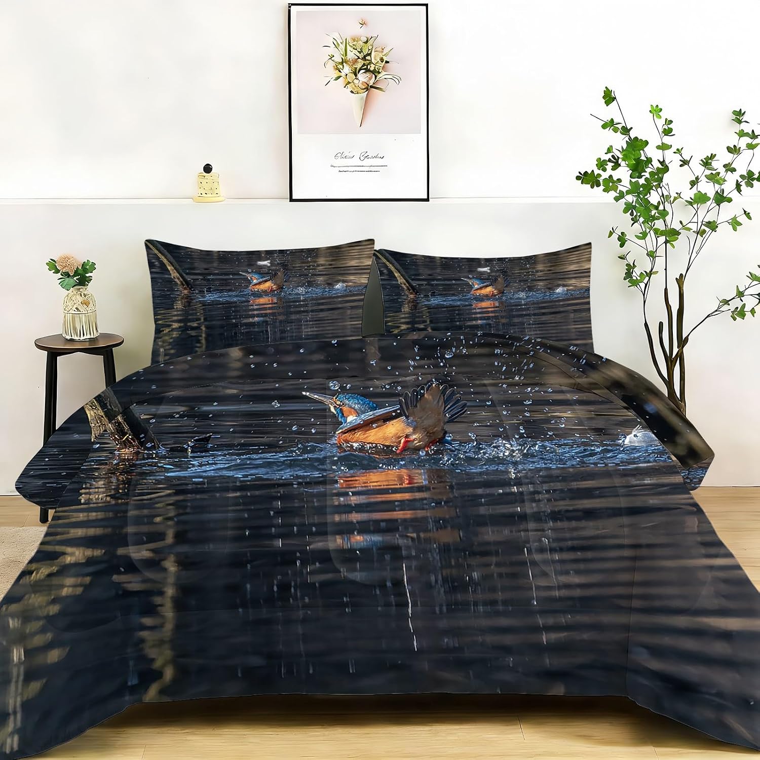 Kingfisher Full Size Comforter Sets, Splashing Water Comforter Full Size Luxury Soft Microfiber Fluffy Printing Duvet Insert, Quilt with 2 Pillowcases for Kids and Adults YUb2733