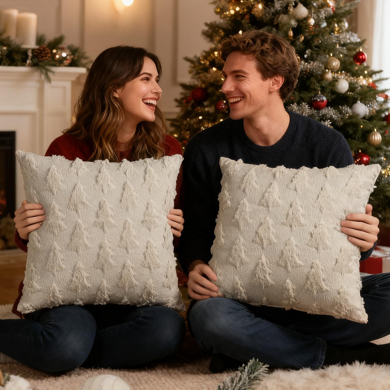 Artmag Christmas Pillow Covers 16 x 16 Inch Set of 2 Beige Christmas Tree Pillow Cases Soft Plush Faux Fur for Winter Holiday Home Coach Sofa Decoration - Image 2