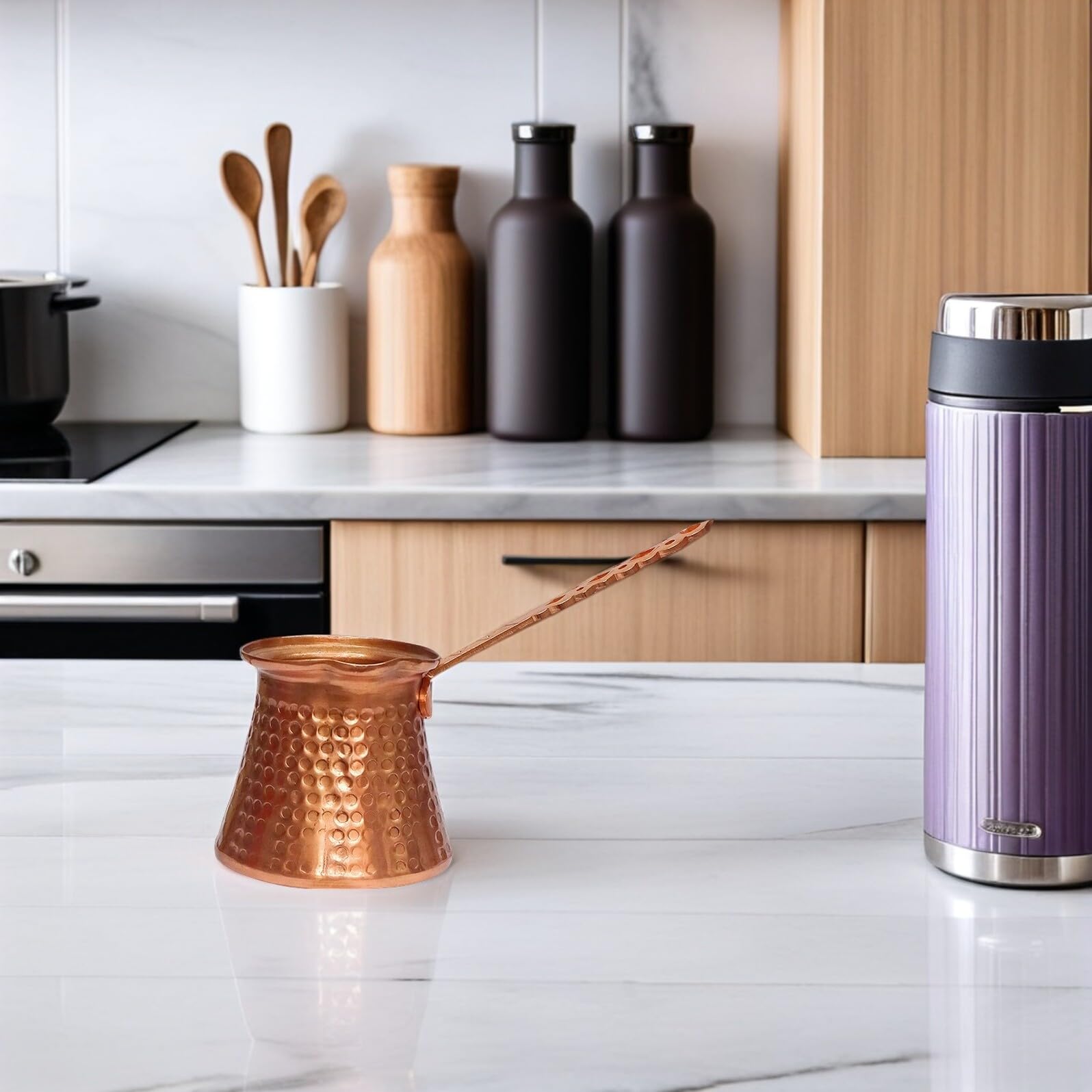 SHERCHPRY Türkische Kaffeekanne Griechische Arabische Kaffeemaschine Handgemachte Ottomane Gehämmertes Kupfer Cezve mit Messinggriff Jezve Briki für Den Herd 320Ml