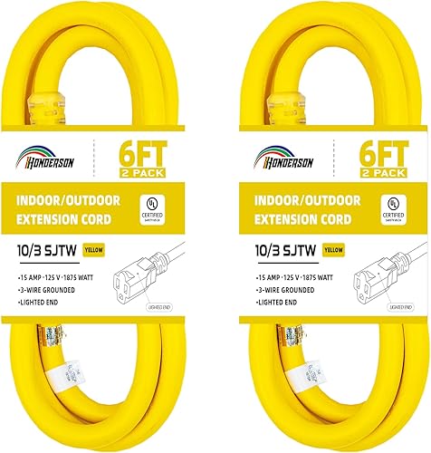 HONDERSON Paquete de 2 cables de extensión iluminados para exteriores de 6 pies, cable de extensión SJTW 103 amarillo resistente con enchufe a