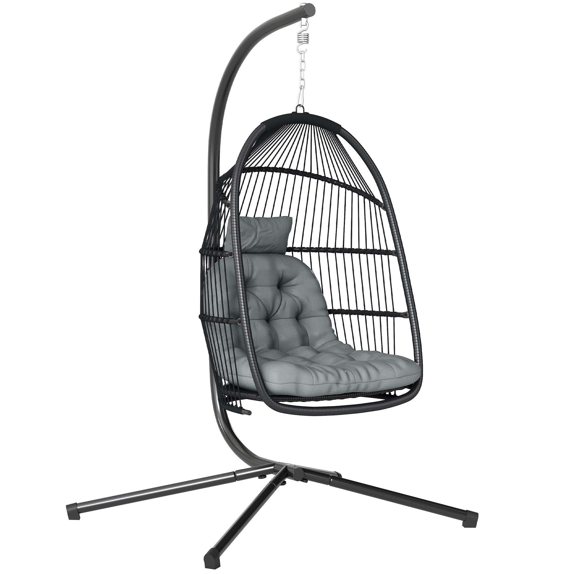 Outsunny Rattan Hanging Egg Chair with Stand Foldable 150 kg Dark Grey