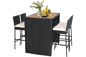 Tangkula 5-Piece Acacia Wood Patio Bar Height Set with Off-White Cushions