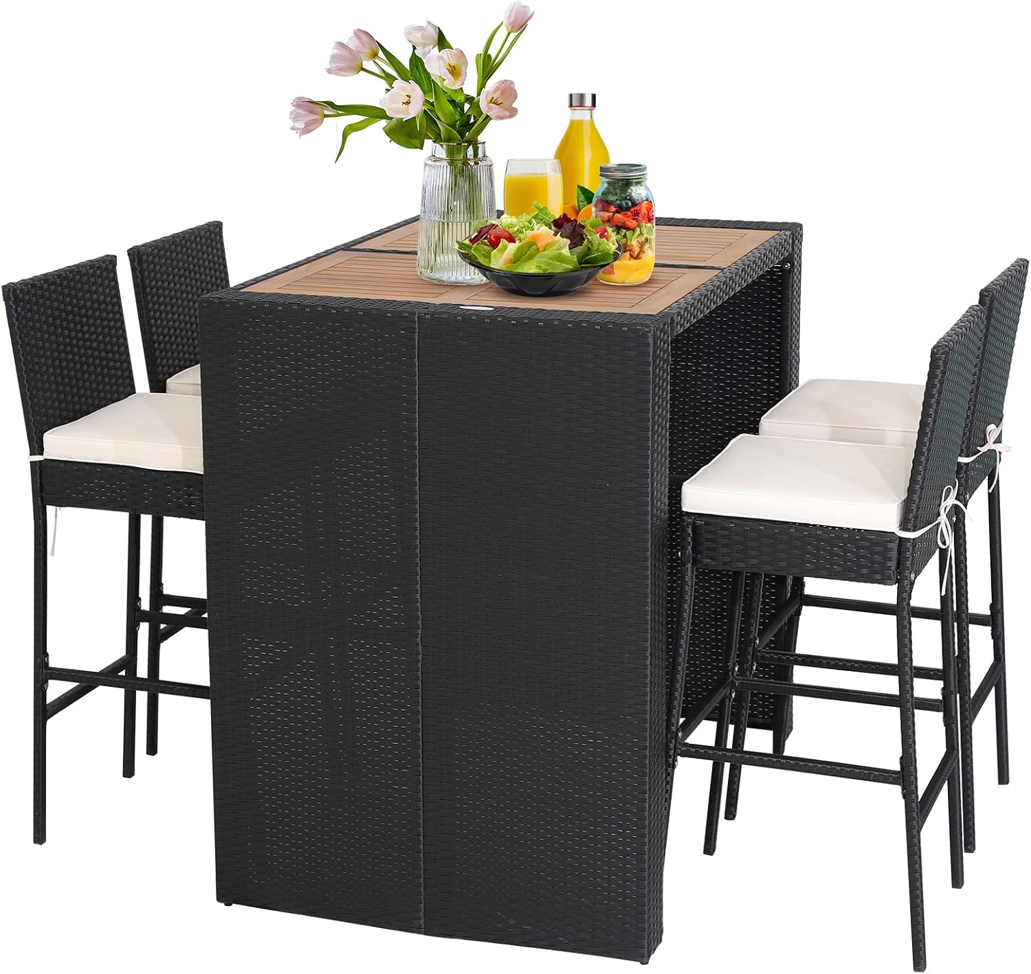 Tangkula 5-Piece Outdoor Patio Wicker Bar Set with Acacia Wood Table & 4 Cushioned Rattan Bar Stools, Footrests, Weather-Resistant Bistro Set
