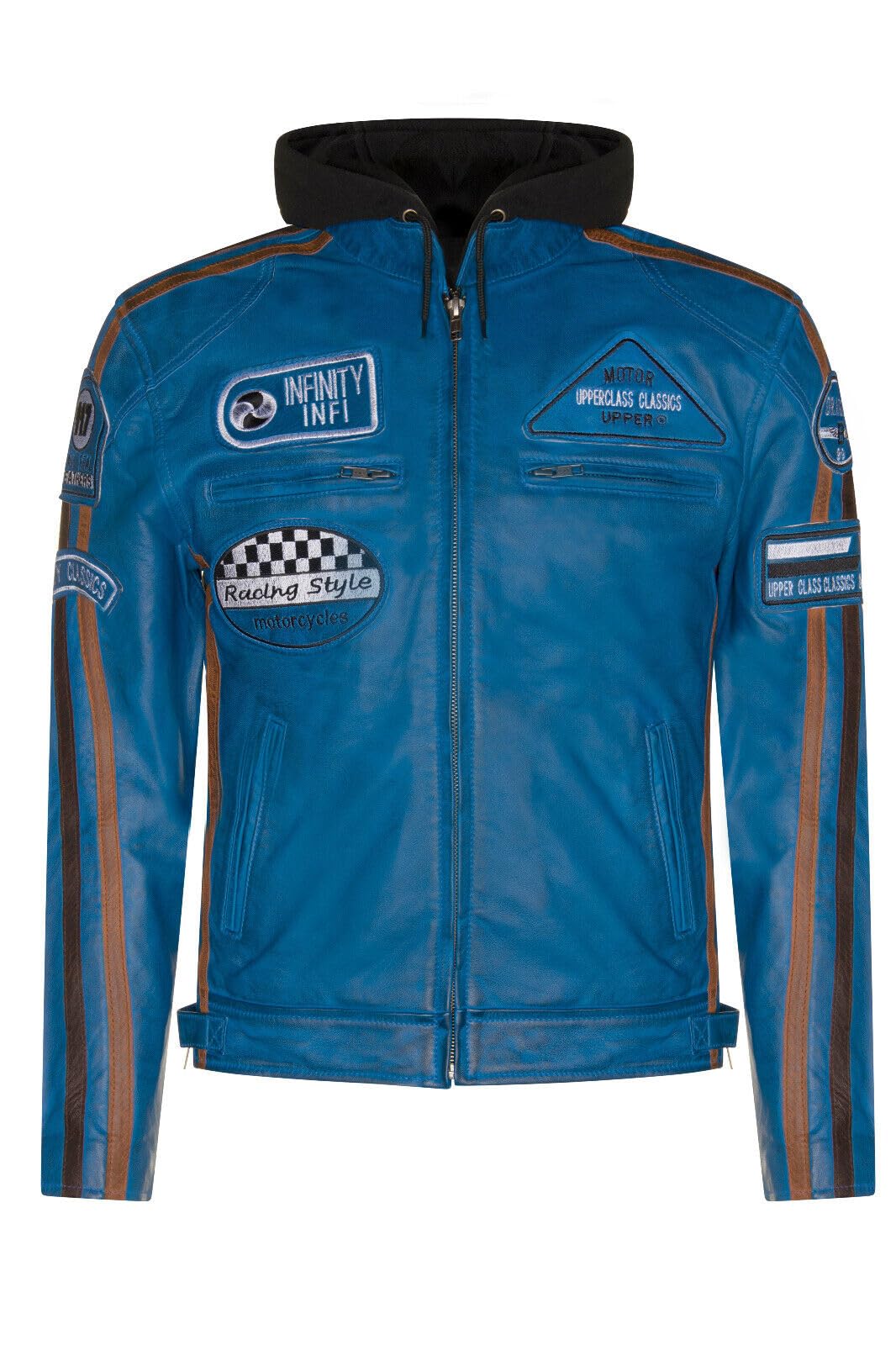 Infinity Leather Men's Blue Racing Hooded Leather Biker Jacket-Detroit - Uk Xl | Eu 52 | Us 42