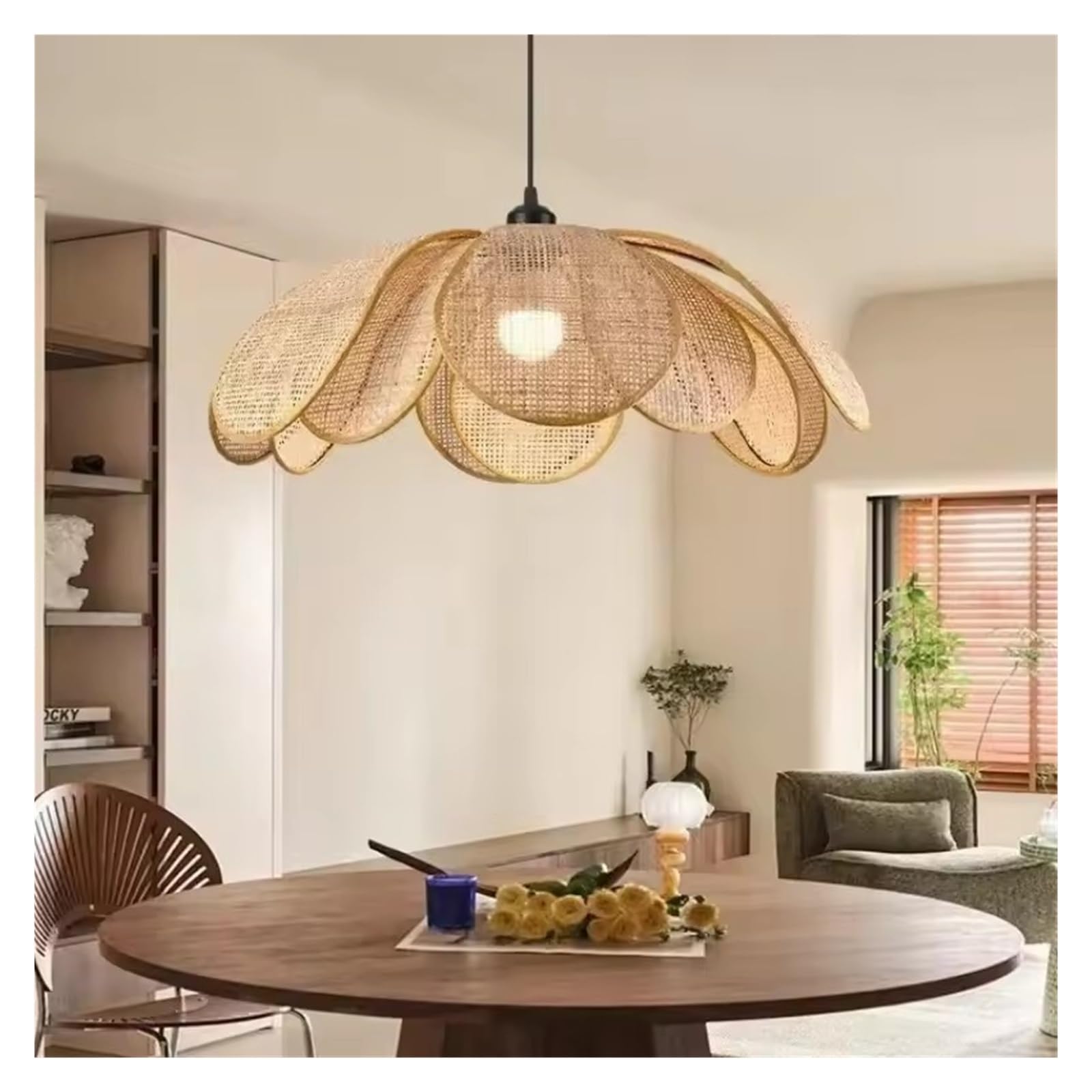 Suspension en rotin tressé de 60cm avec éclairage LED intégré pour plafond de salon