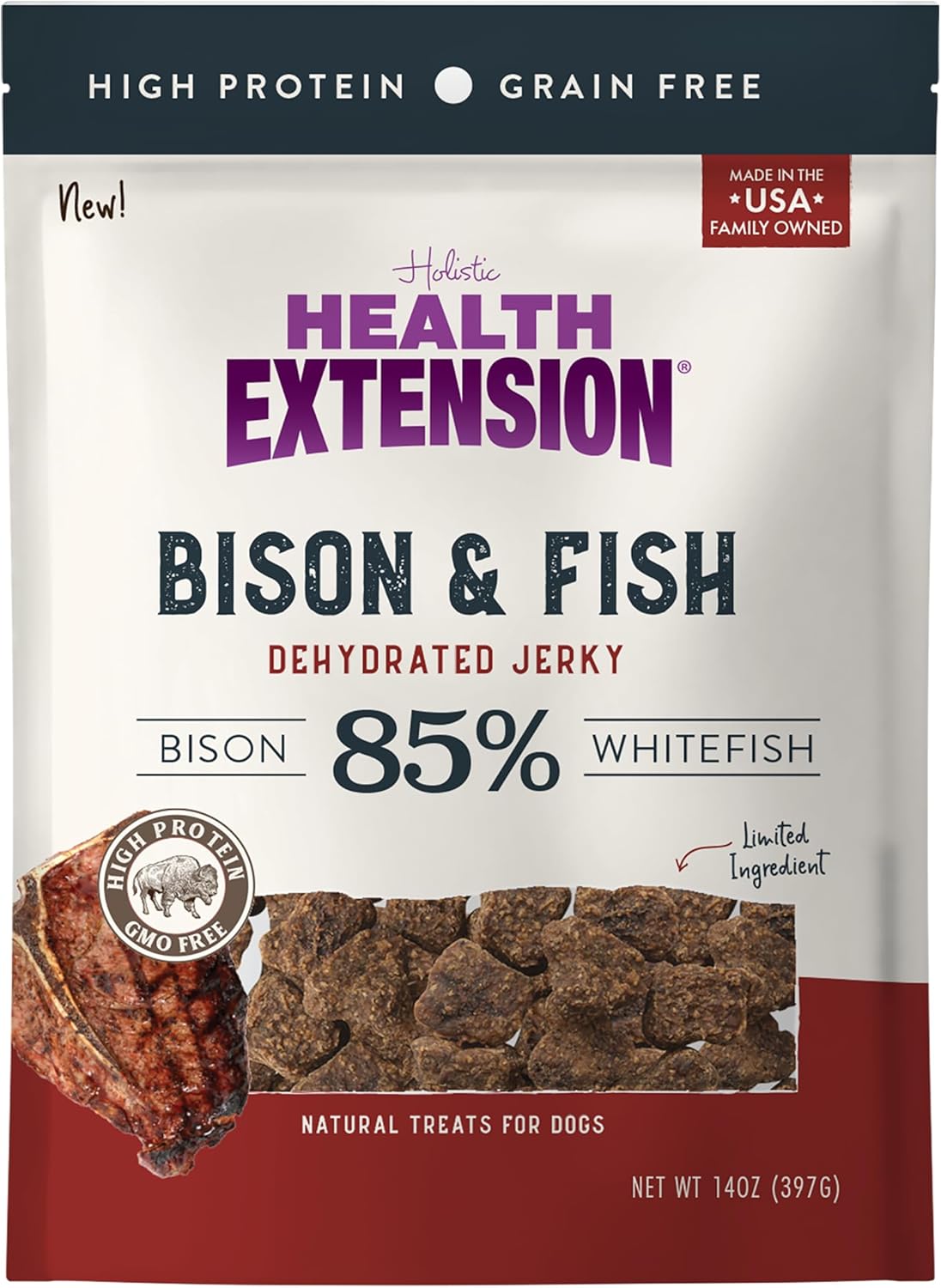 Health Extension Bison & Fish Dehydrated Jerky Dog Treats – 14 oz – Protein-Rich, Grain-Free, Made in USA – Limited Ingredients for Sensitive Dogs & Training Rewards