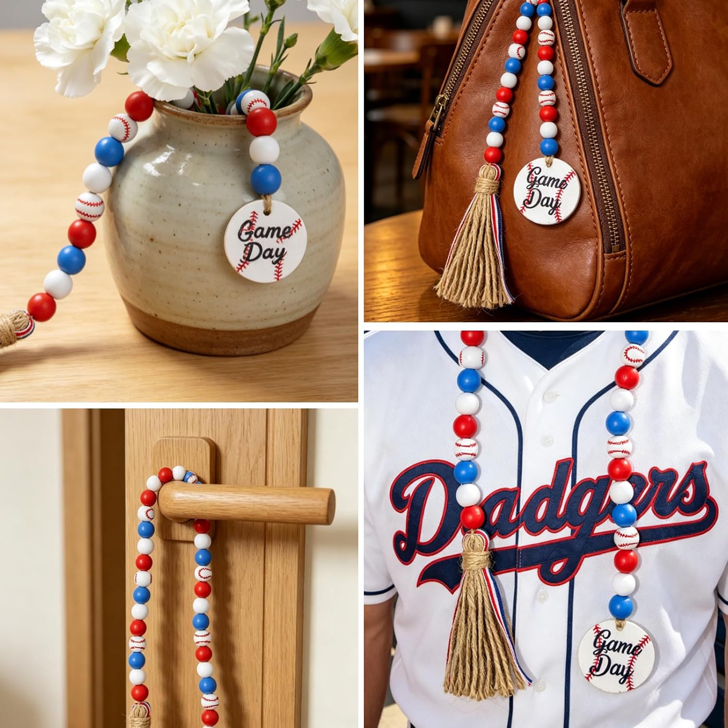 Decoendiy Baseball Wooden Beads Tassel, Summer Sports Print Wood Beads String, Tiered Tray Decor Beads, Rustic Farmhouse Beads for Wall Hanging Home Decorations (Blue)