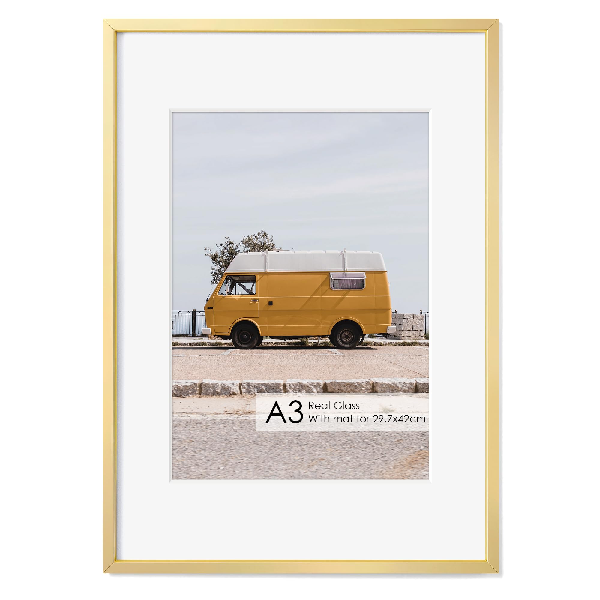 Fun Memories A3 Picture Frame Gold, High End Metal 11.7 x 16.5 Poster Frames for Wall, A3 Photo Frame with Mat A4, Tempered Glass, 1 Pack