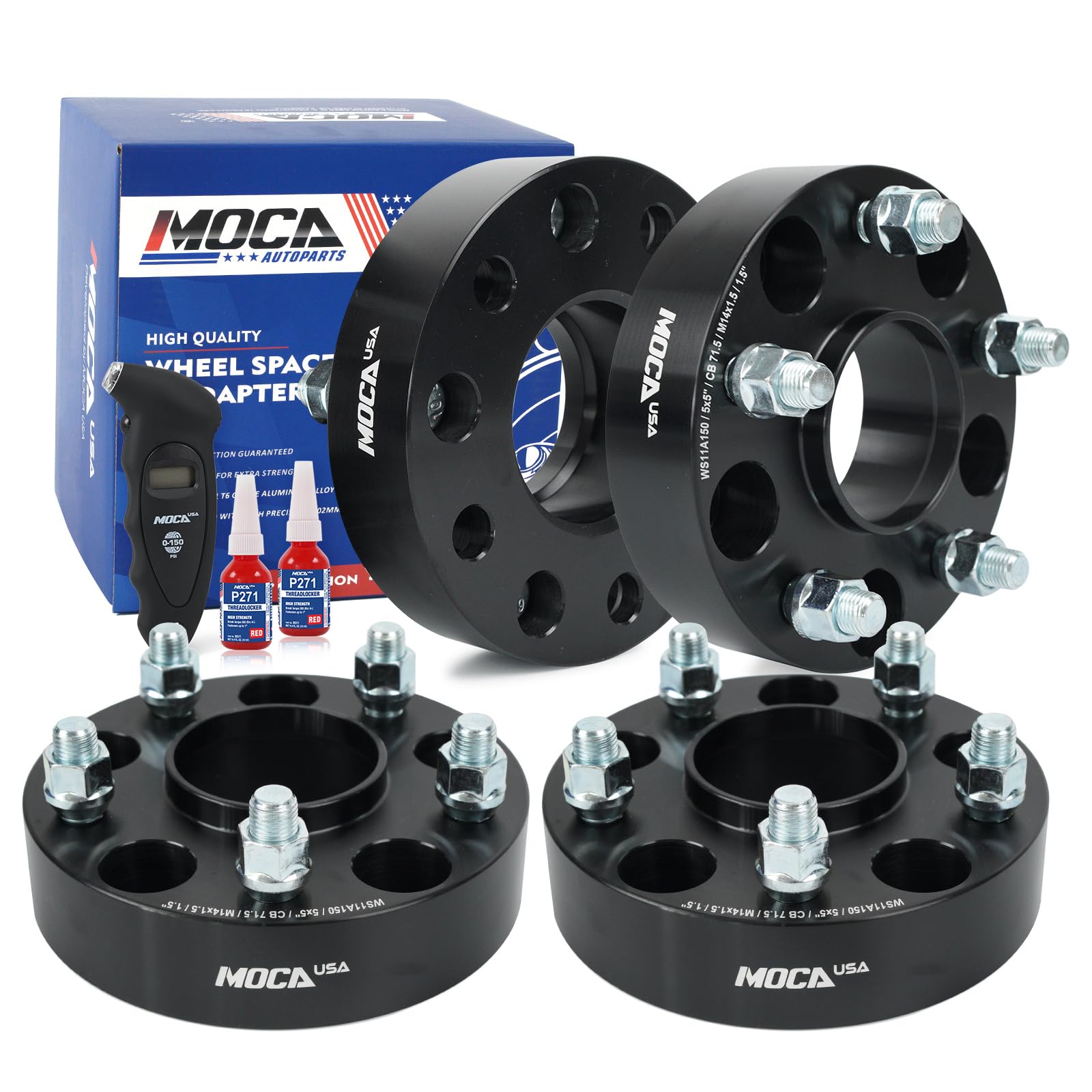 MOCA 38.1mm 5x127 Hubcentric Wheel Spacers (71.5mm Bore) - M14x1.5 Studs Compatible with Jeep Wrangler JL Grand Cherokee WK2 Gladiator JT & for Free Tire Pressure Gauge (Black, Pack of 4)