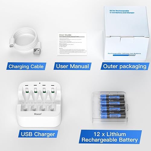 Miniatura 6 de Hixon - Baterías recargables de litio AAA con cargador, batería recargable triple AAA de alta capacidad de 1100 mWh, 1600 ciclos, baterías