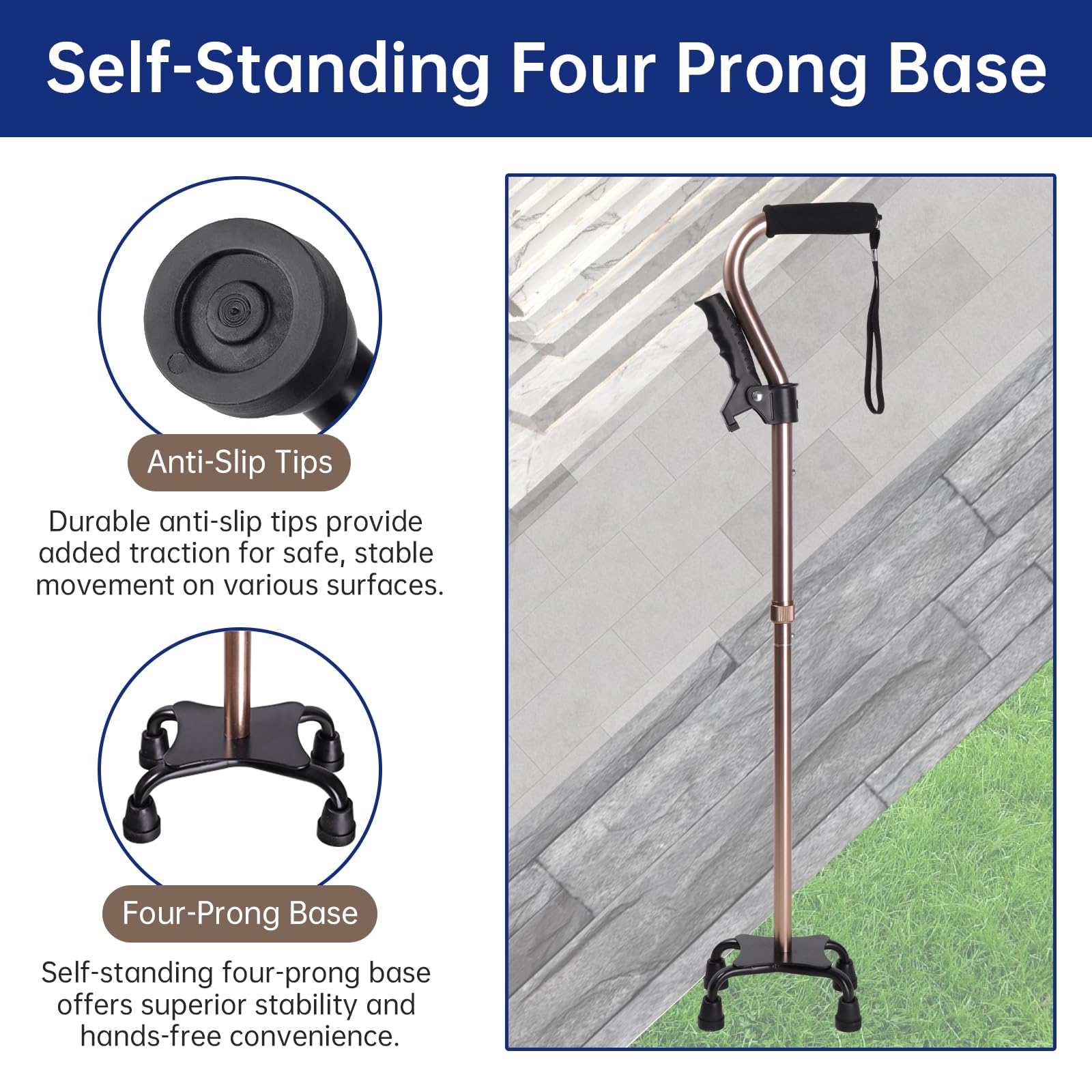 Quad Walking Cane Verstellbarer Herren & Damen, Faltbarer Gehstock für Senioren, Leicht & Stabil mit 4-Zinken-Basis für Extra Stabilität, Krücke mit Schaumstoff Gepolstert