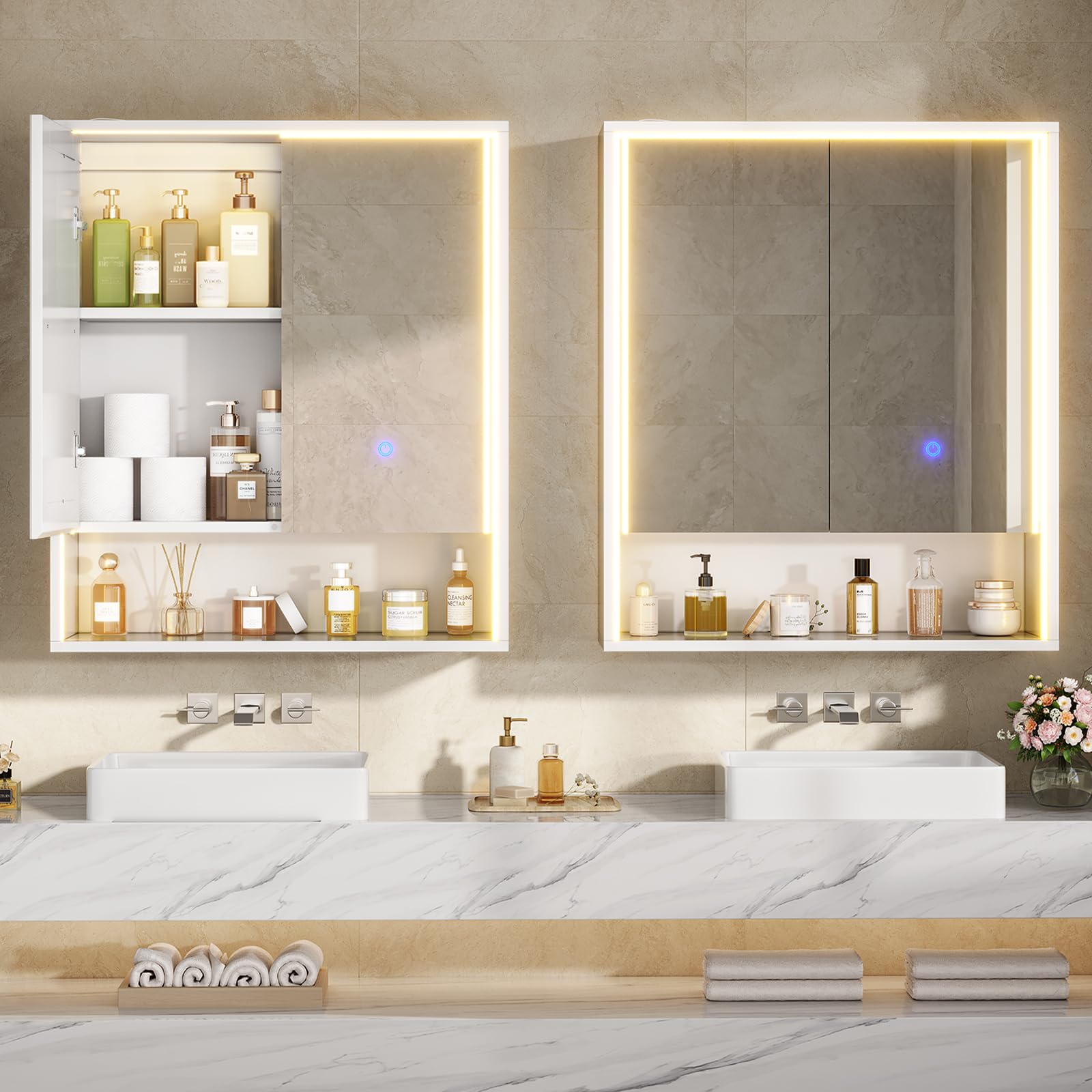 Spiegelschrank mit LED Beleuchtung, Steckdose & 3 Farbtemperaturen | Dimmbare Badezimmerschrank mit verstellbaren Regalen, HD Spiegel, Touch-Sensor, Doppeltür Hängeschrank 60x70x19 cm, Weiß