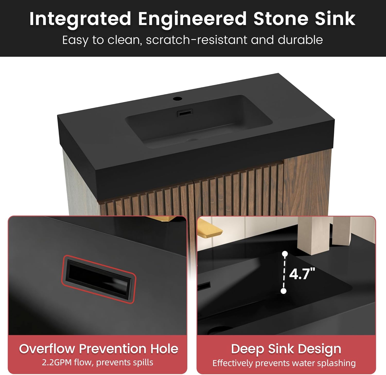 36" Bathroom Vanity with Sink, Freestanding Single Sink Bathroom Vanity with Black Engineered Stone Top & Open Side Storage, Soft-Closing Doors with Adjustable Shelf, Walnut