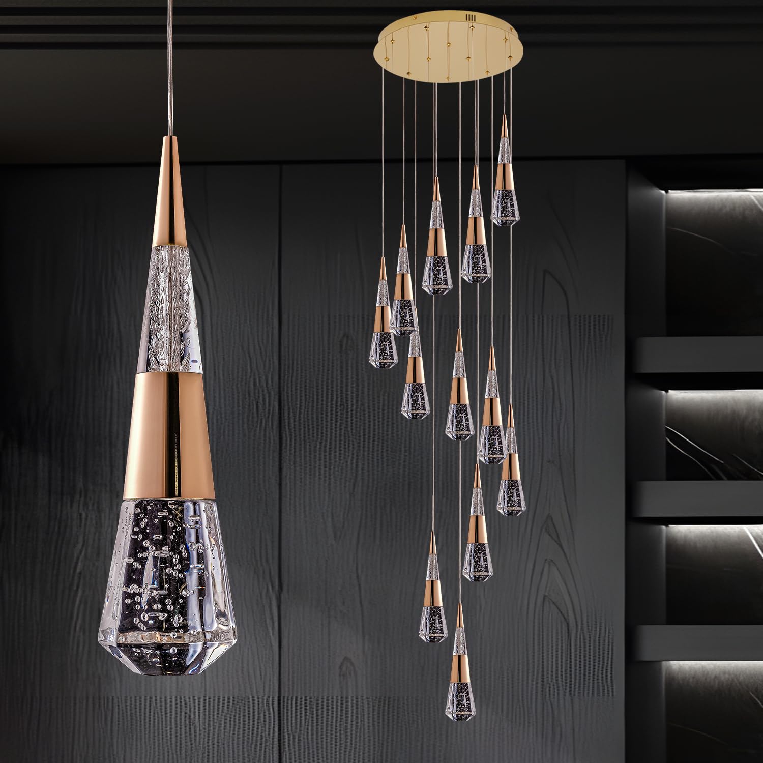 Photo 1 of Led Chandelier,12 Light High Ceiling Chandelier Modern Crystal Gold Modern Chandelier Dimmable 3000K-6500K with Remote, LED Staircase Chandeliers for Entryway 12 Light Gold