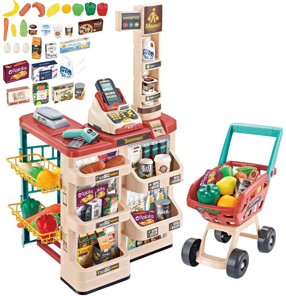 deAO Supermercado Juguete con Carrito Compra, Caja Registradora con Scanner y Lector de Tarjeta, Caja de Juegos para niños, Tienda Infantil Incluido Accesorios para Niños a Partir de 3 años | Escáner de luz de sonido, juego de rol educativo interactivo pa