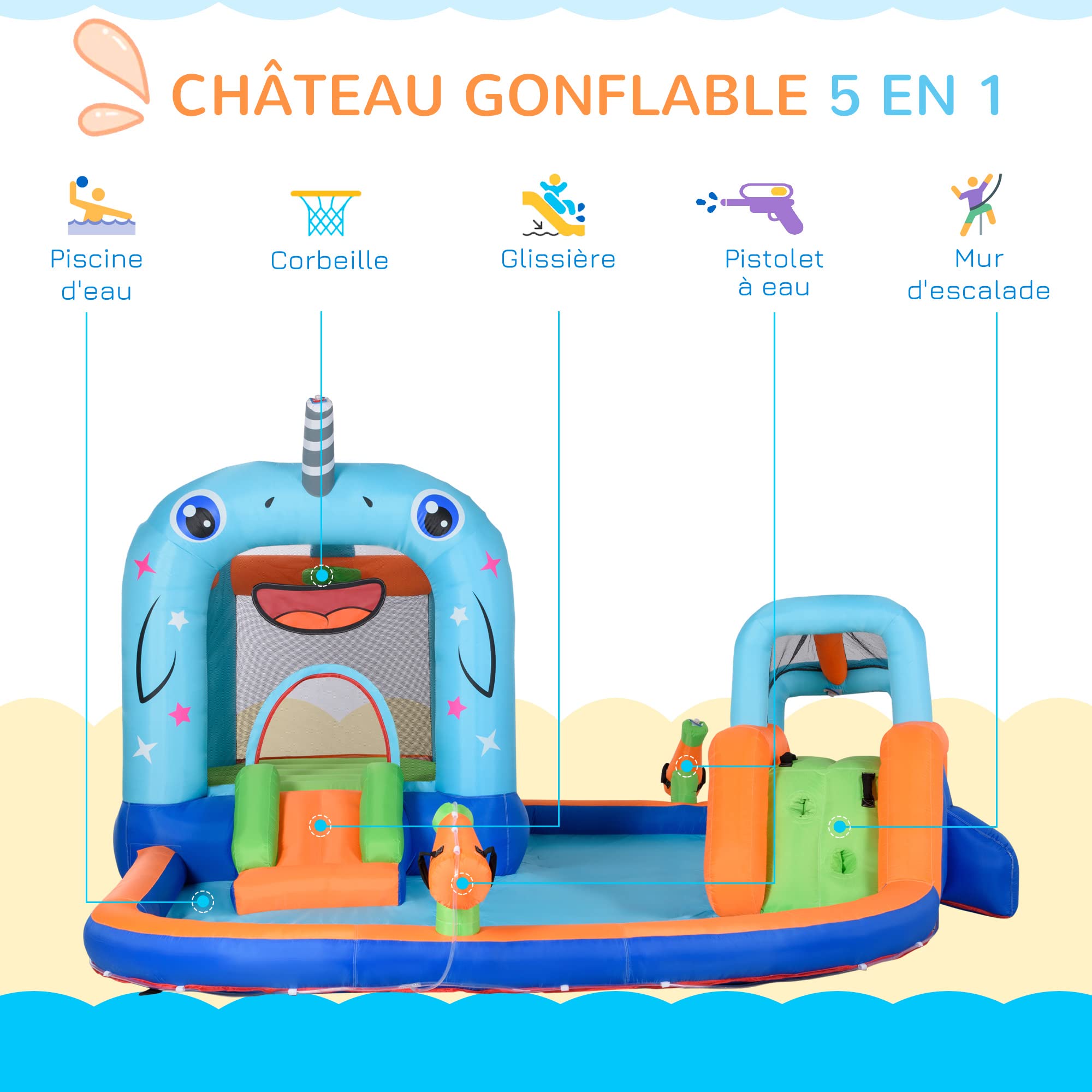 Outsunny Château Gonflable Structure Gonflable Aire de Jeux avec Pistolet à Eau Toboggan Trampoline piscines + 3-8 Ans avec gonfleur et Sac de Transport 420 x 370 x 230 cm - Multicolore