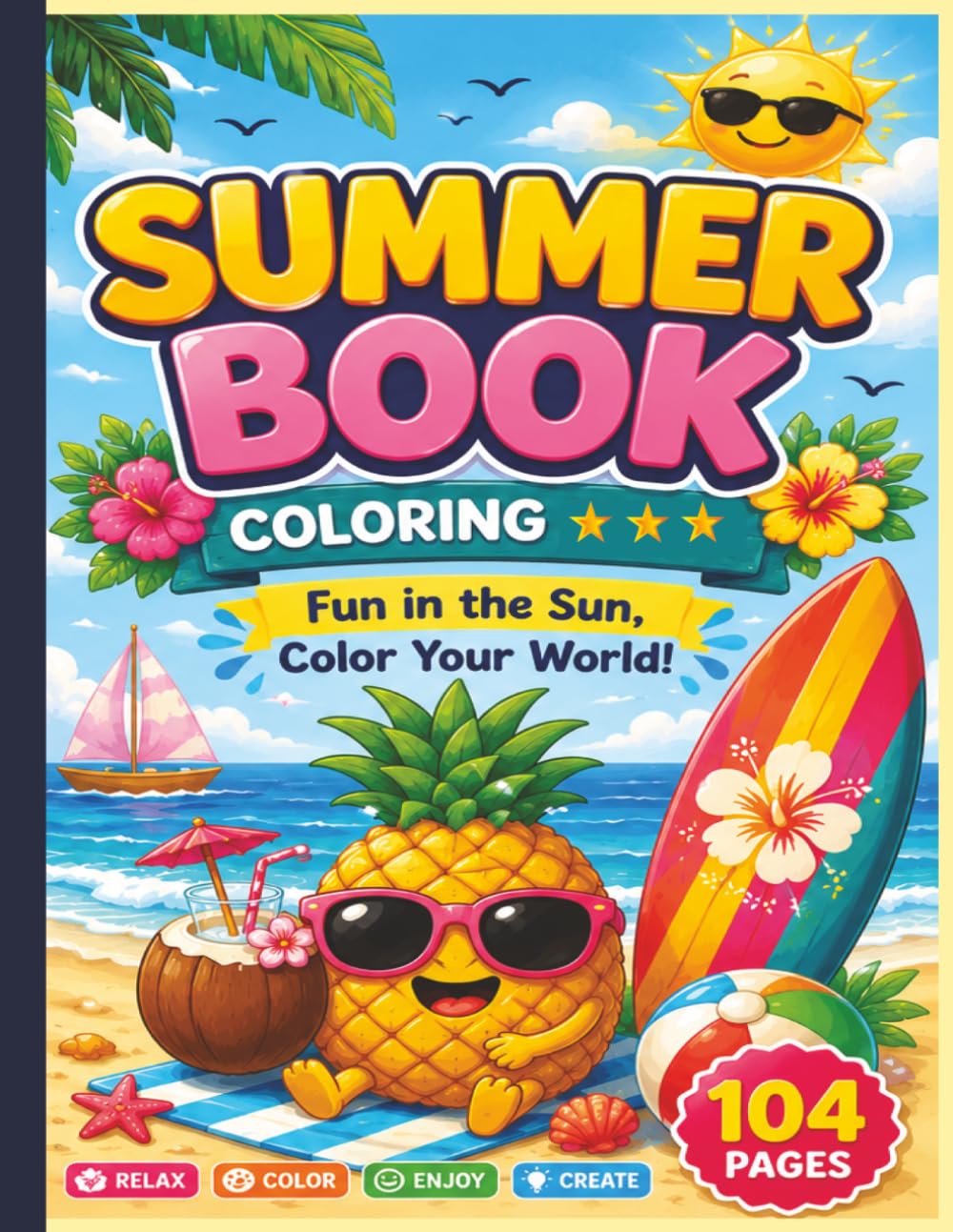 Summer Coloring for Kids: 50 Fun Summer Coloring Pages with Beaches, Palm Trees, Tropical Fruits, Ocean Animals, and Vacation Adventures | Large 8.5 x 11 Inch| 104 Pages | Perfect for Ages 3-16