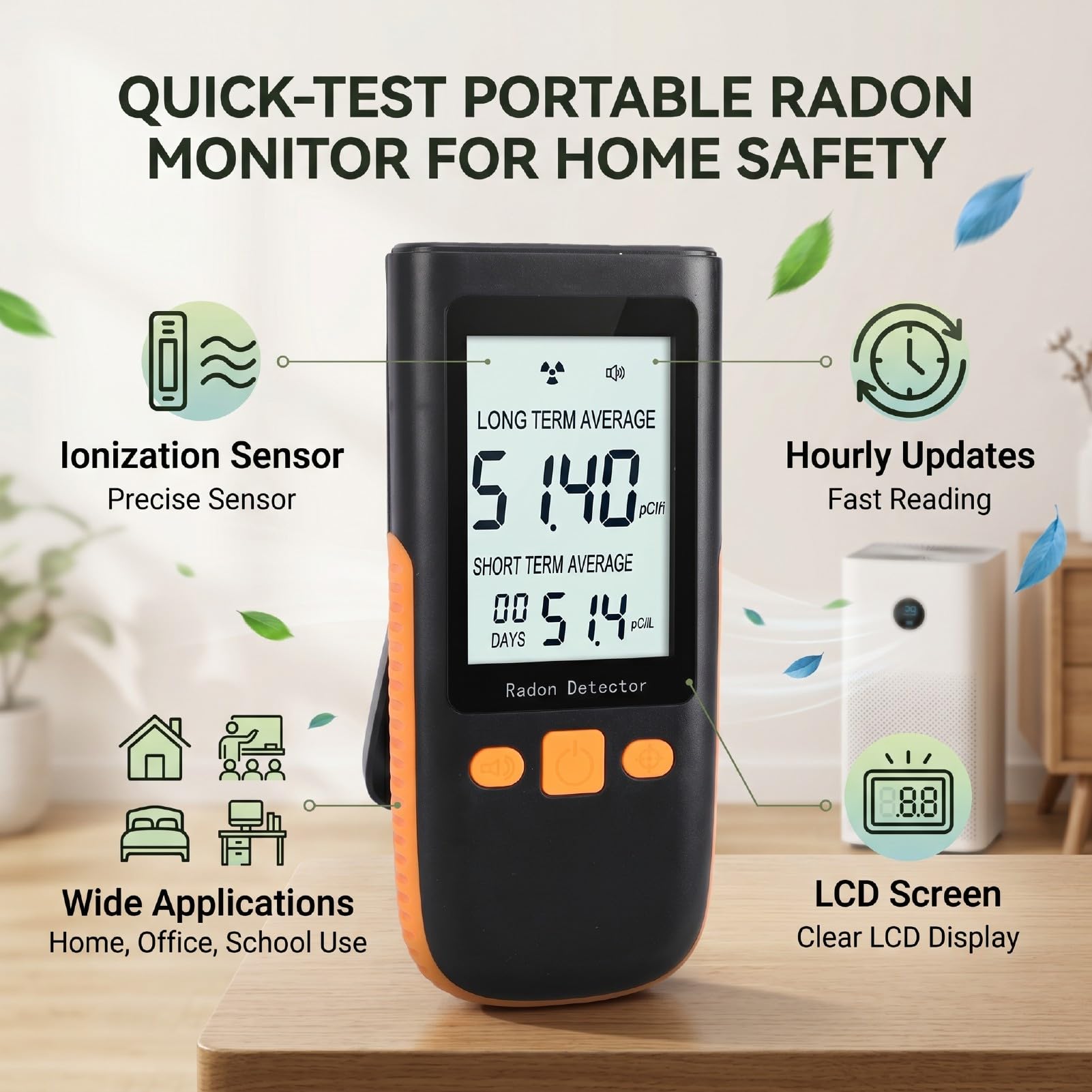 Zunate Detector de Radón Portátil 0-270 PCi/L, Monitor de Radón de Iones de Prueba Rápida para el Hogar, Oficina, Escuela, Hotel - Sensor Rápido de Gas con Pantalla LCD, Medidor de Preciso