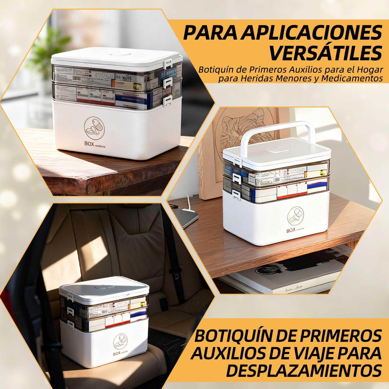 Caja de almacenamiento para medicamentos 3 pisos, gran botiquín doméstico con asa de transporte, organizador de pastillas plegable para hogar, viajes y oficina, 30x16x24cm, Blanco