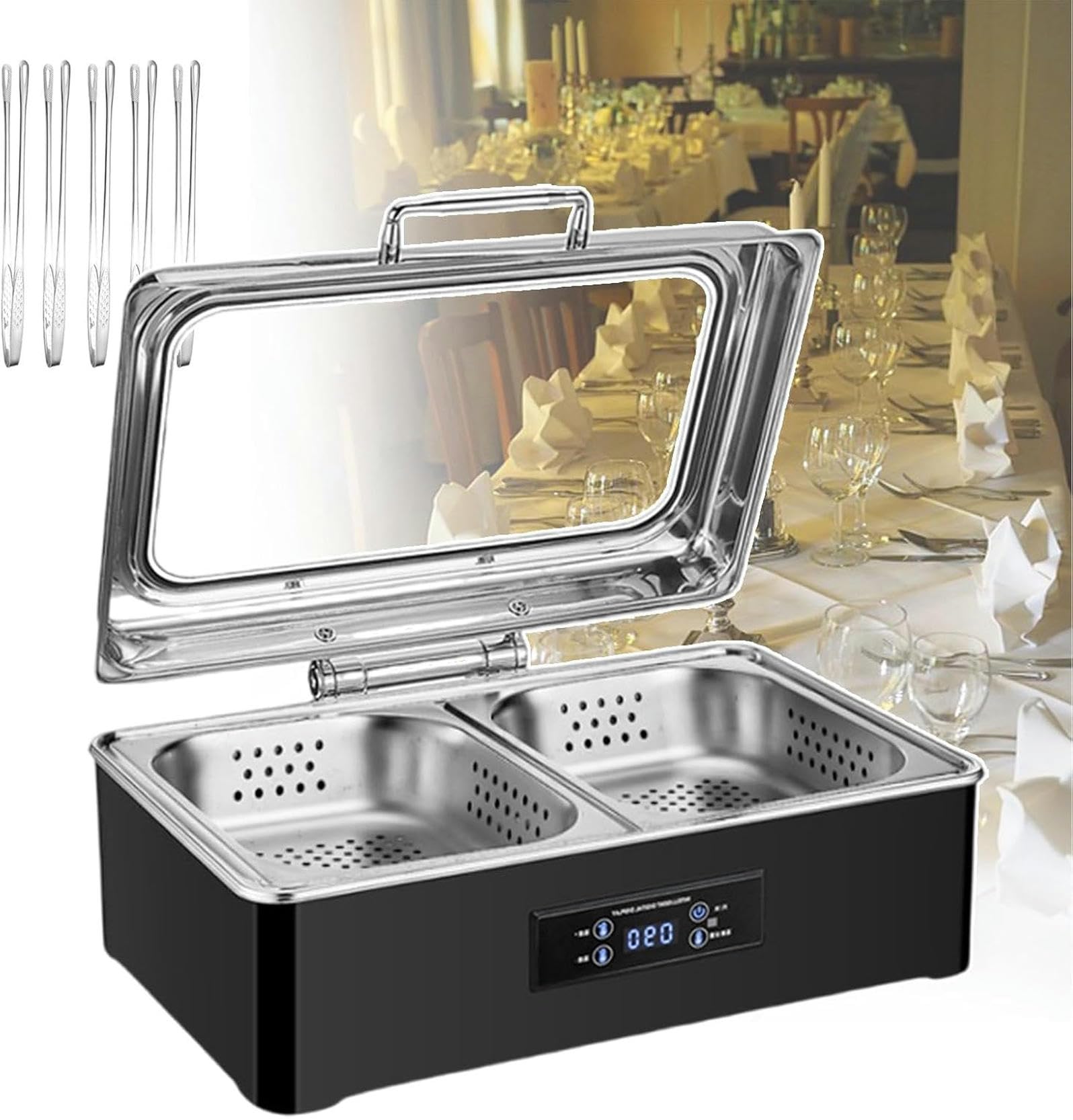 Podgrzewacz Do Potraw Typu „Chefing Dish” O Mocy 500 W Ze Stali Nierdzewnej, Elektryczny Podgrzewacz Parowy Do Potraw Z Widoczną Pokrywką, Podgrzewacz Do Potraw Na Piknik, Do Restauracji, Na Imprezę,