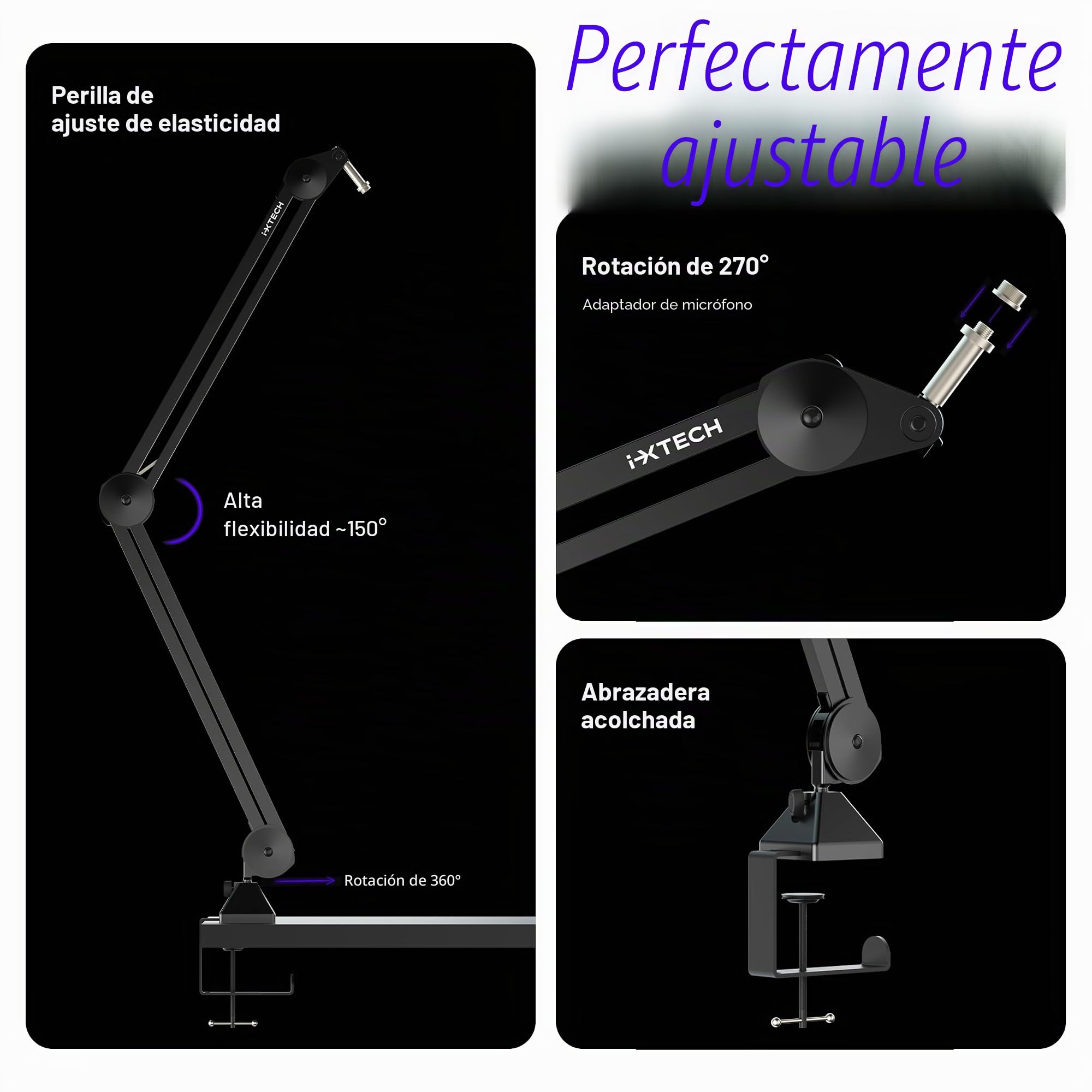 IXTECH Soporte de Brazo para Micrófono, Ajustable y Resistente con Bridas para Cables, Montaje en Escritorio para Juegos, Transmisión, Podcasting (Grande)