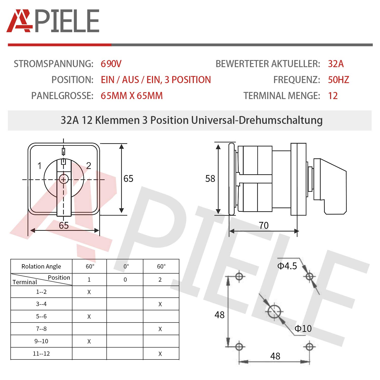 APIELE universel came rotatif 20 A 3 positions 8 bornes 690 V Commutateur de changement de came