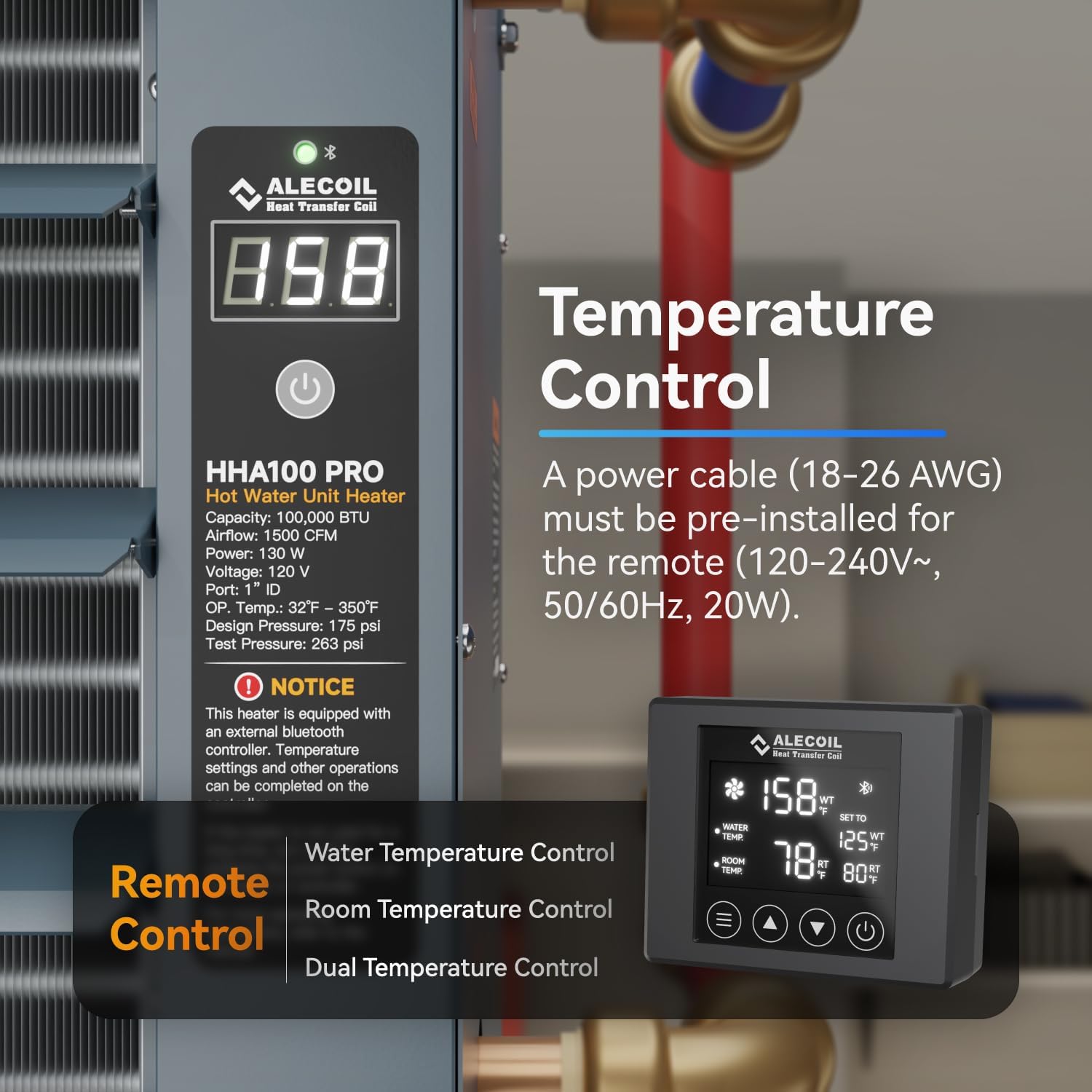 ALECOIL Hydronic Hot Water Hanging Unit Heater with Remote Temperature Control 100,000 BTU Water to Air Heat Exchanger with Fan for Outdoor Wood Furnaces and Garage Heating, HHA100-Pro, Blue