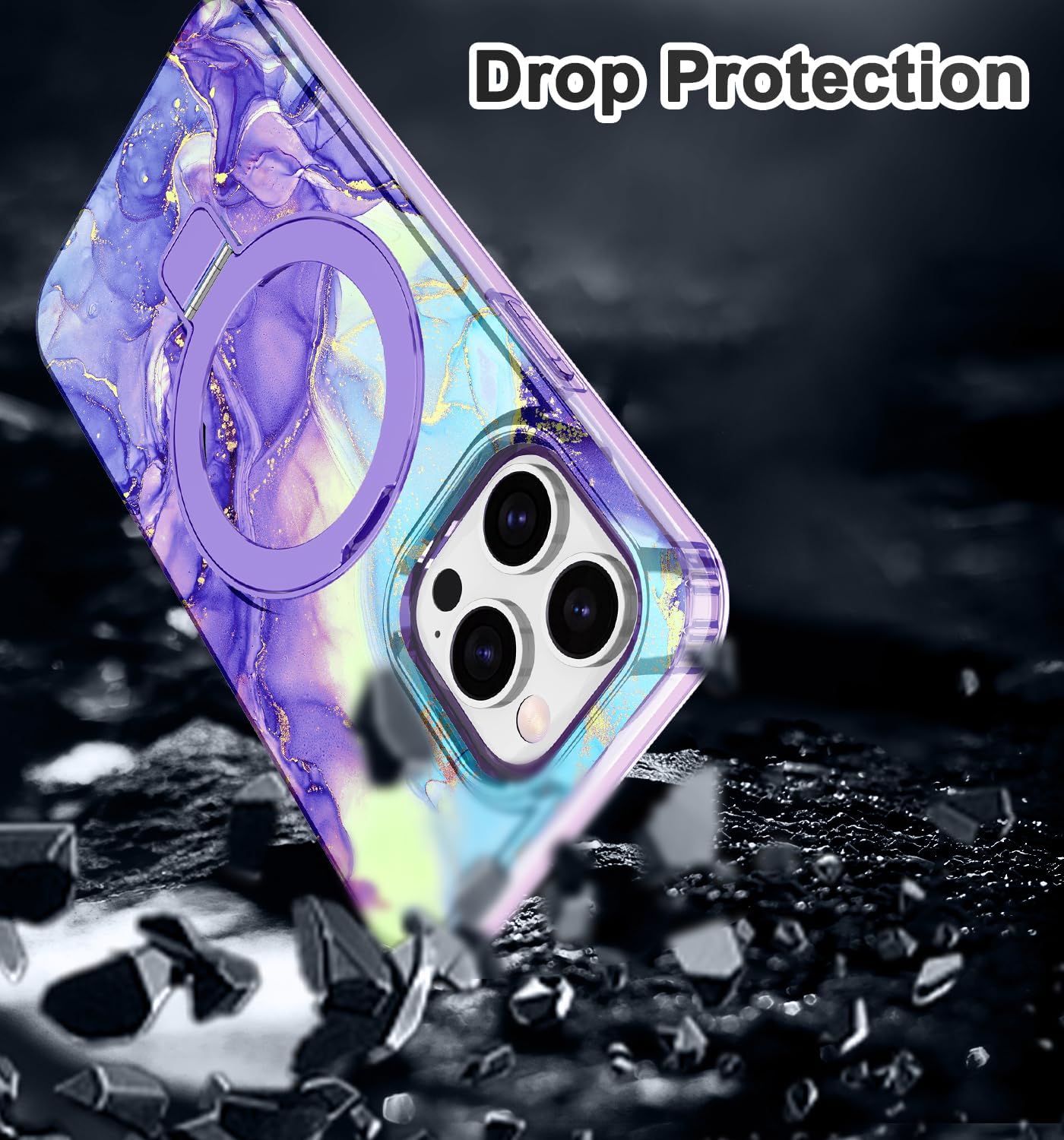 Lamcase for iPhone 13 Pro Case with Magnetic Invisible Ring Stand [Compatible with MagSafe], Full Body Rugged Slim Women Men Girl Shockproof Marble Pattern Design Case, Violet - Image 8