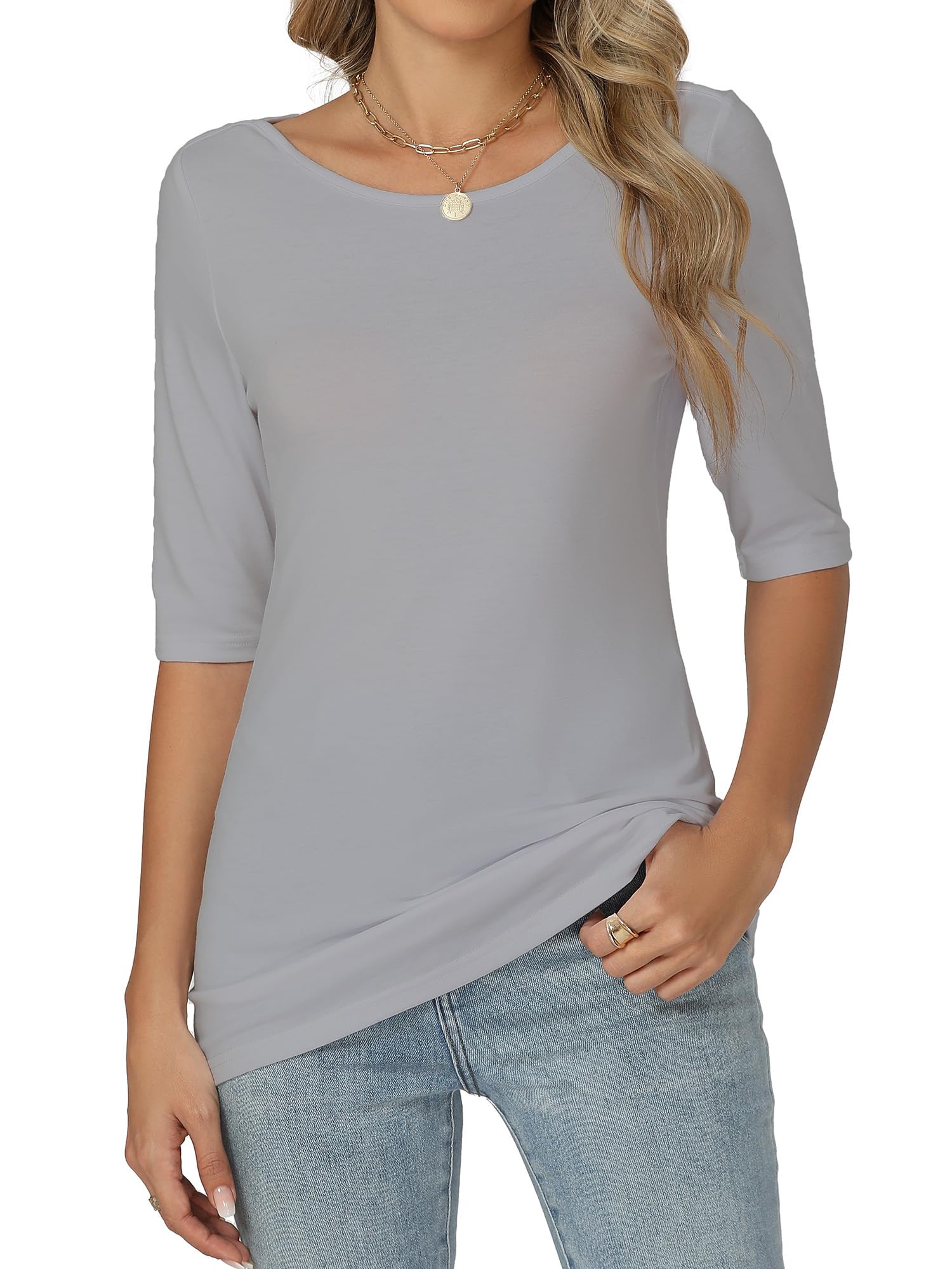 Famrrifuu Damen T-Shirt Halbarm Figurbetontes Oberteile mit U-Boot Ausschnitt Basic Stretch Einfarbige Shirts