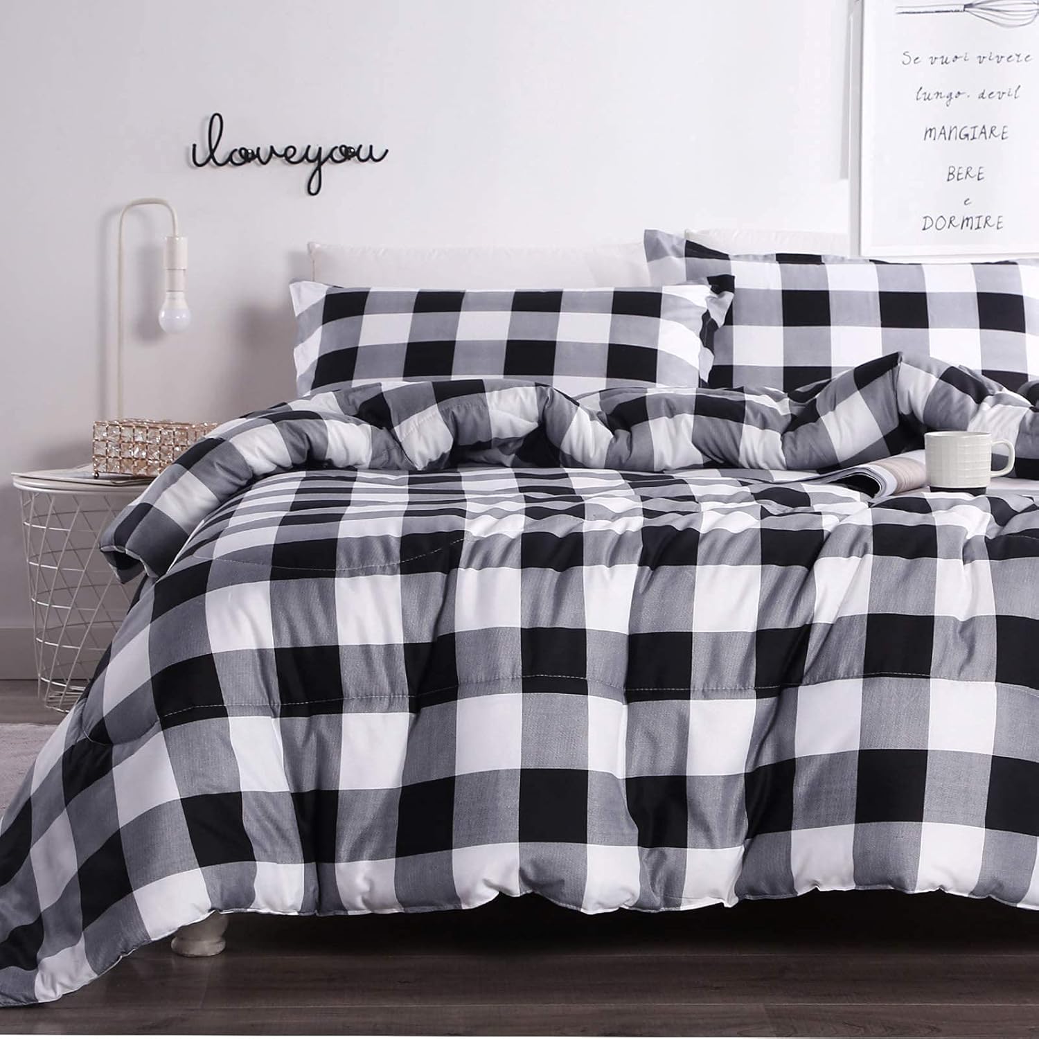 Andency Black Grey White Plaid Comforter Set Full Size (79x90 Inch), 3 Pieces (1 Gingham Comforter and 2 Pillowcases), Summer Lightweight Microfiber Buffalo Check Down Alternative Comforter Set - Thumbnail 2