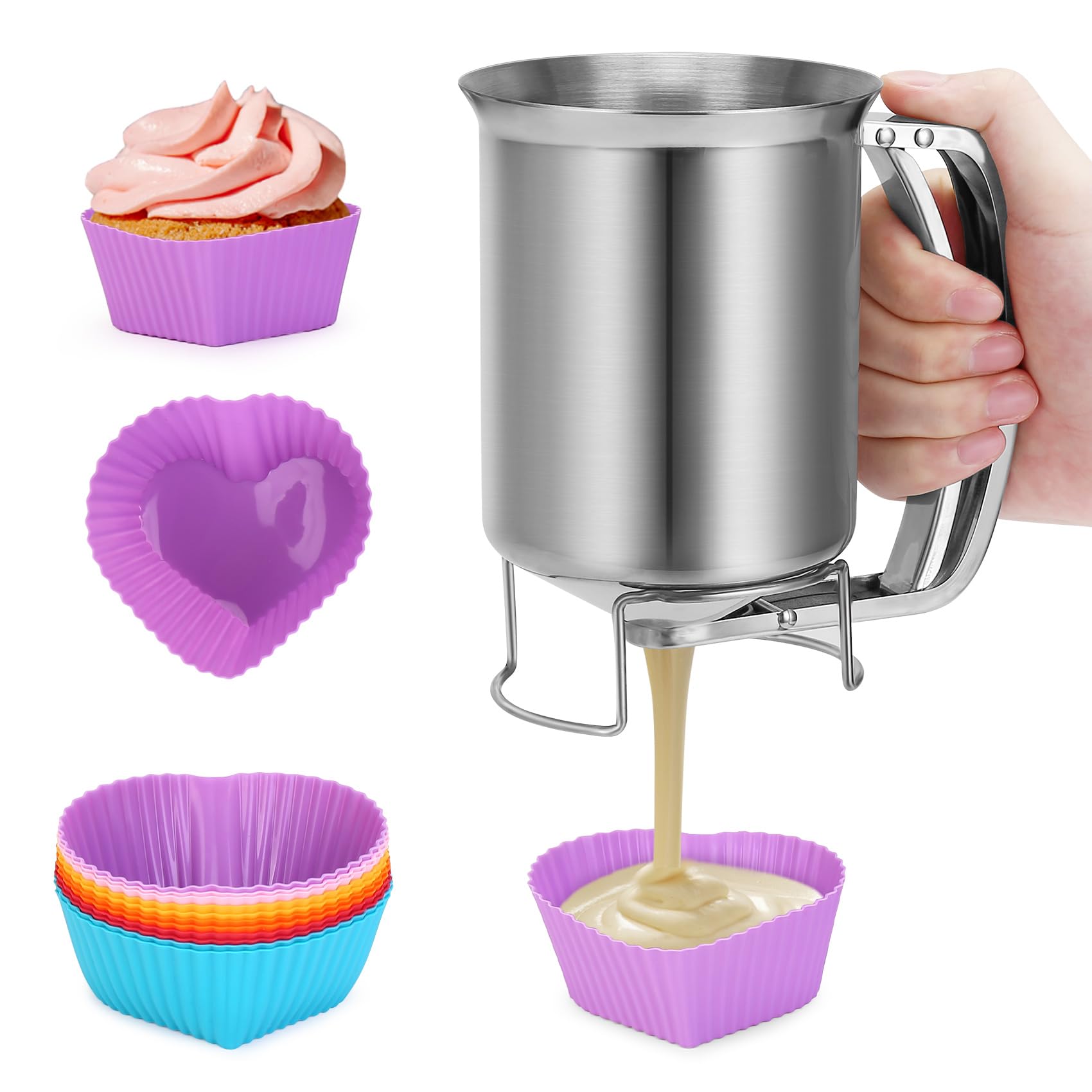 Dispensador de masa de panqueques de acero inoxidable con asa, 32 onzas, 30.4 fl oz, dispensador de pasteles de gofres de alta resistencia con 12 tazas de silicona para hornear, jarra de