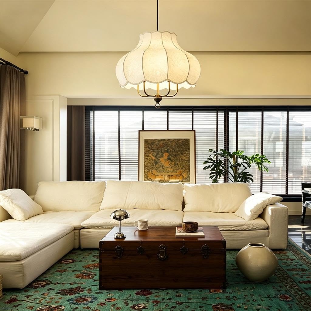 Design vintage francese a petali Plafoniera e dettagli in tessuto in stile cinese Lampada a soffitto Bianco sporco Ferro Altezza regolabile E27 lampadina non inclusa camere letto sale