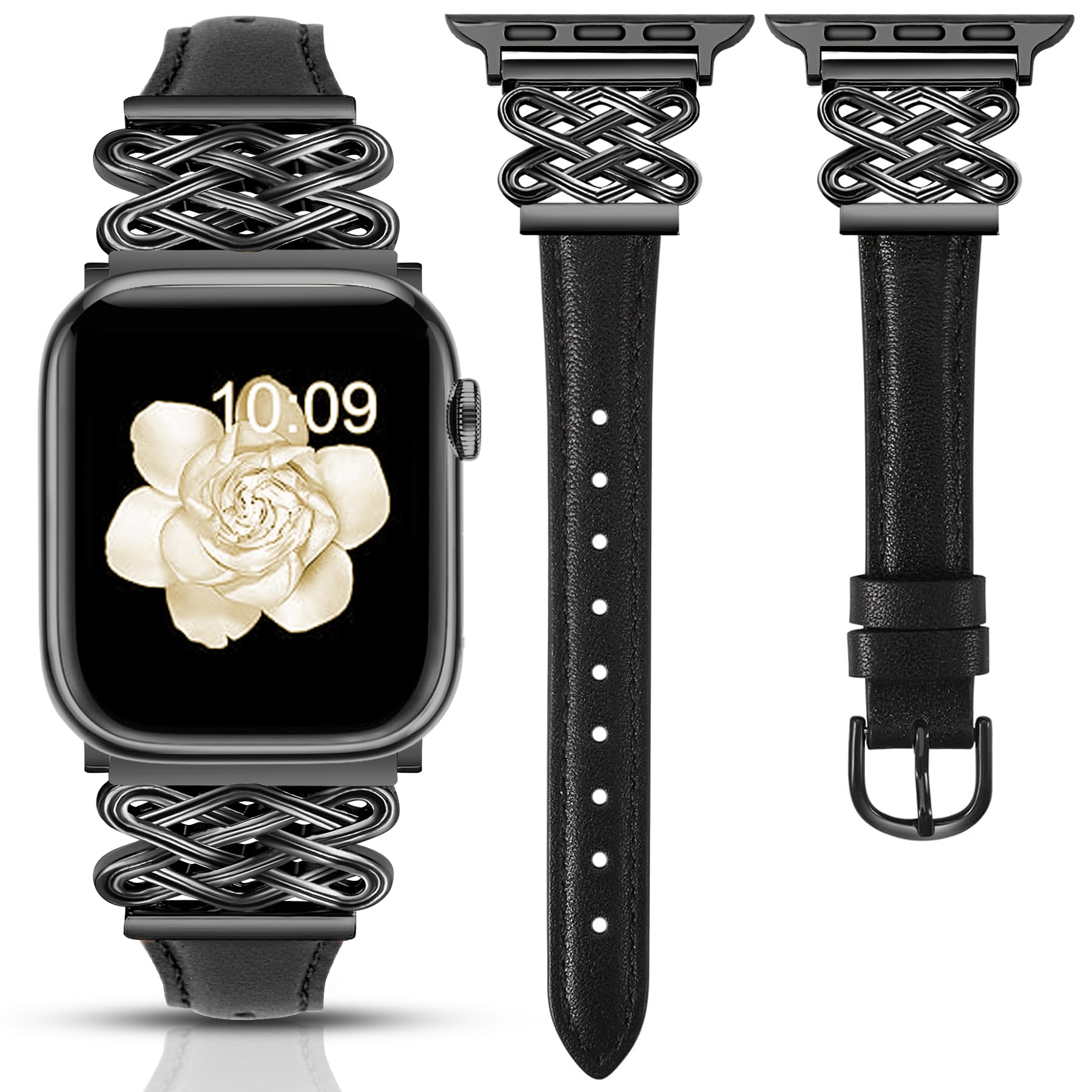 Newlibery Leather Band for Women Slim Dressy Bands Compatible with Apple Watch 38mm 40mm 41mm 42mm 44mm 45mm 49mm, Designer Interlock Buckle Strap for iWatch Series 10/9/8/7/6/5/4/3/2/1/SE/Ultra