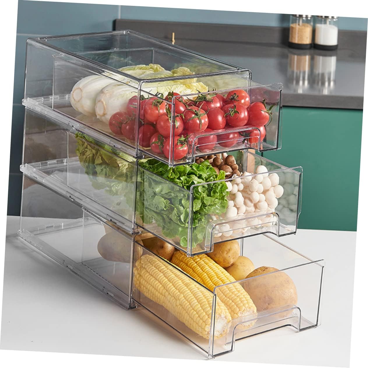 Gadpiparty Telescopic Drawer Refrigerator Storage Box Stackable Fridge Organizer Airtight Lid Freezer Food Container for Pantry Organization