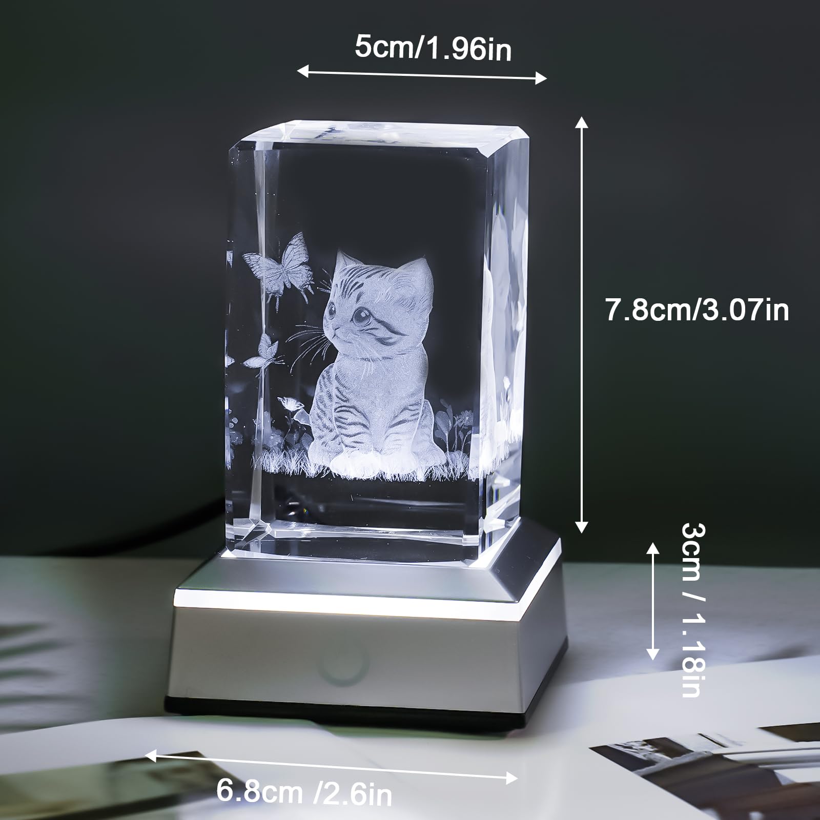 Luz nocturna de cristal 3D con base LED multicolor grabada con láser, regalo para mujeres, amantes de los gatos, cumpleaños, Navidad, decoración de habitación