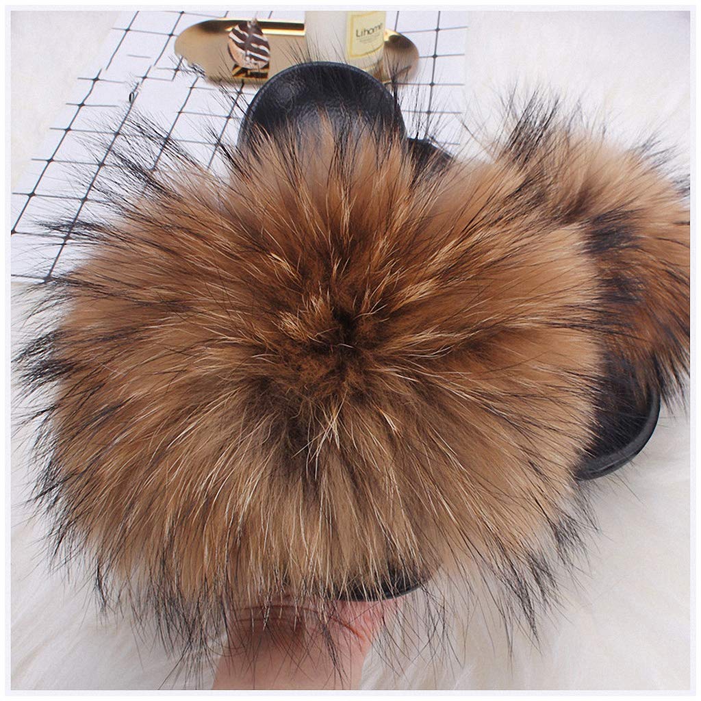 Tinpia Real Plush Fox Fur Slides Women Summer Slippers Beach