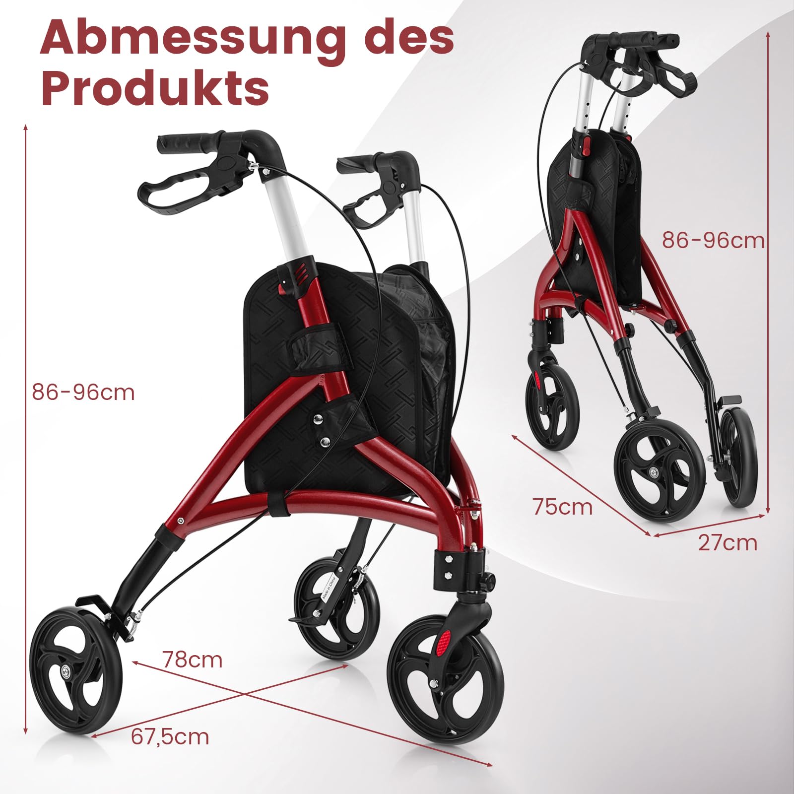 COSTWAY Rollator schmal für Wohnung, Dreirad, faltbar und leicht, Gehhilfe 6-fach höhenverstellbar, Gehwagen mit Tasche & Bremse, Aluminiumrahmen, klappbar für Senioren & Erwachsene (Rot)
