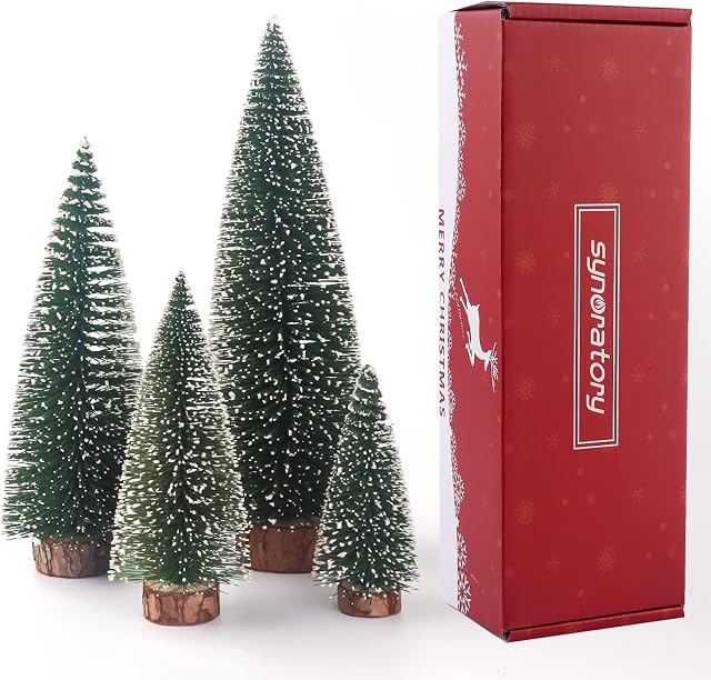 Small Christmas Tree,Mini Christmas Tree, Mini Pine Tree, Bottle Brush Fake Trees with Wooden Base for Tabletop Decorative (4pcs plant green)