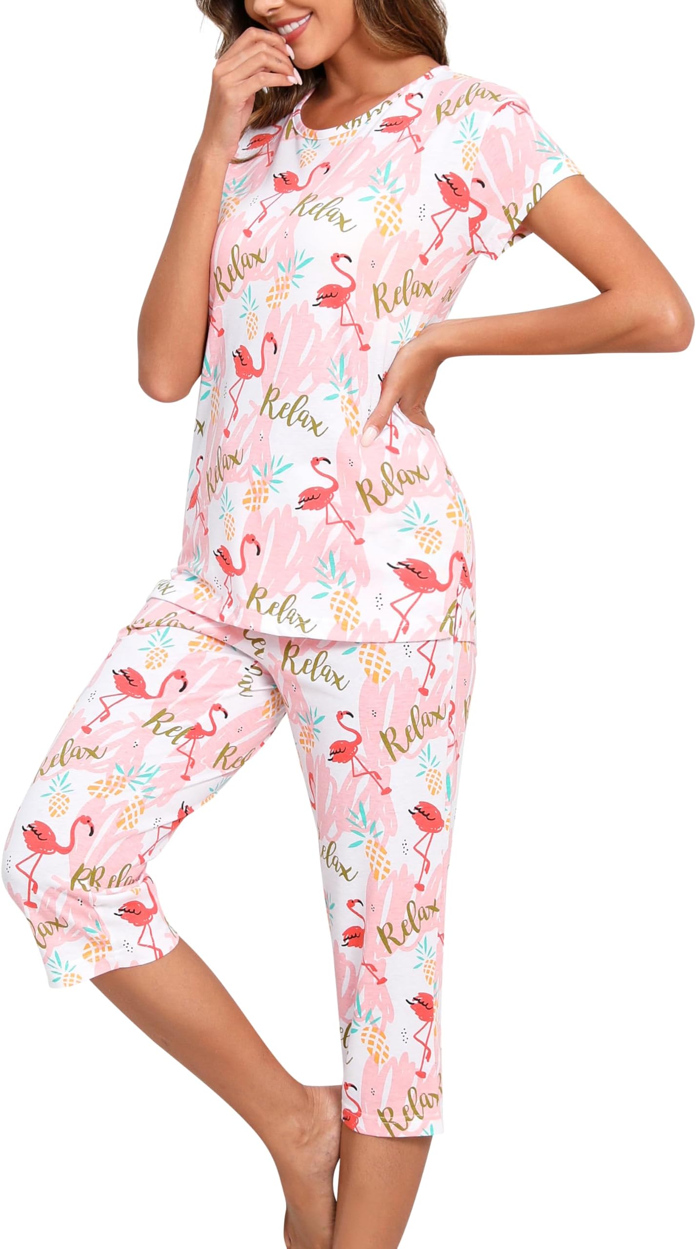 Womens Pajama Set Sleepwear Short Sleeve Top with Capri Pant Pj set