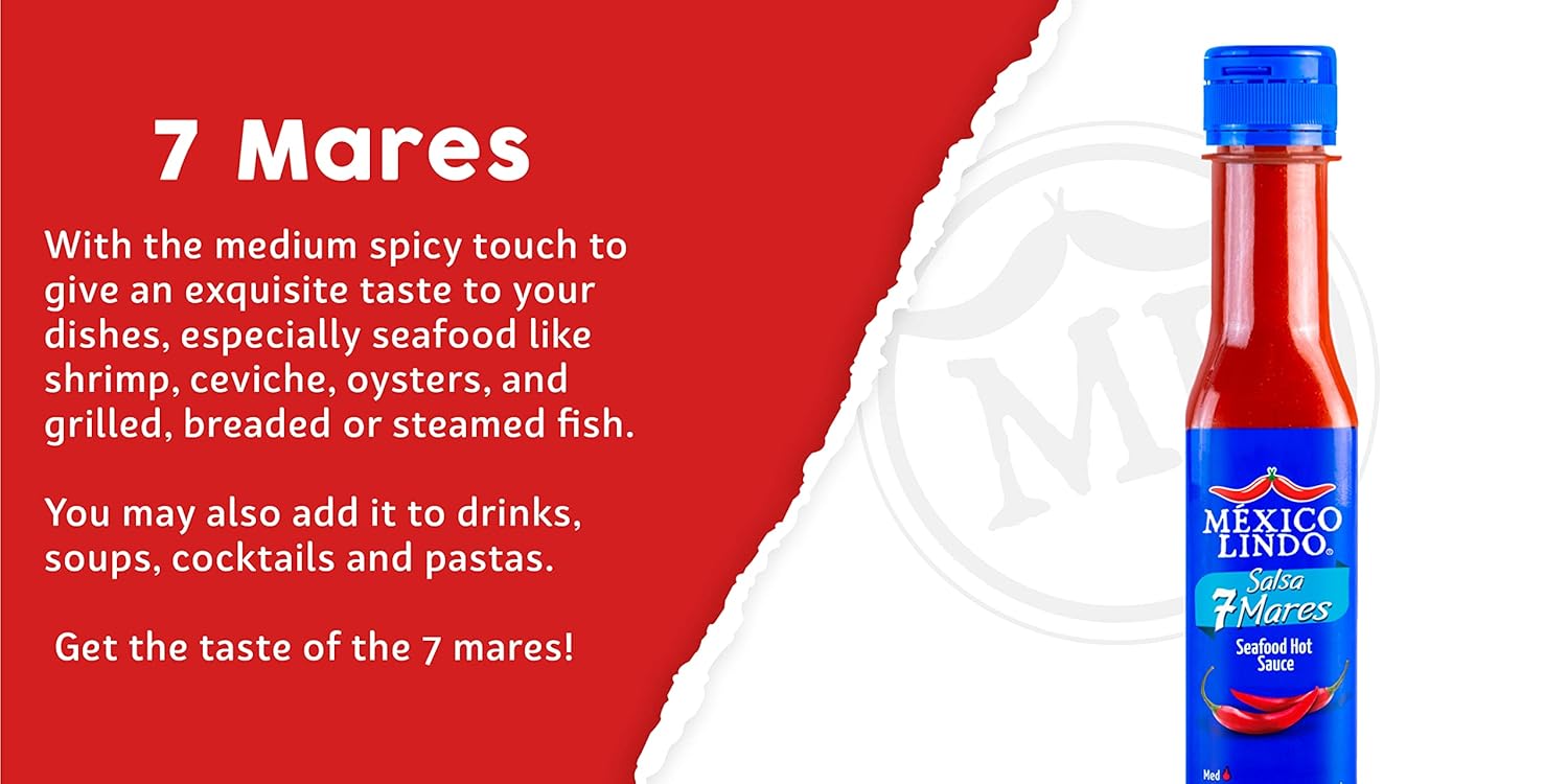 Mexico Lindo 7 Mares Hot Sauce | Perfect for Fish & Seafood | 10,800 Scoville Level | Spicy Flavor | 5 Fl Oz Bottles (Pack of 6)