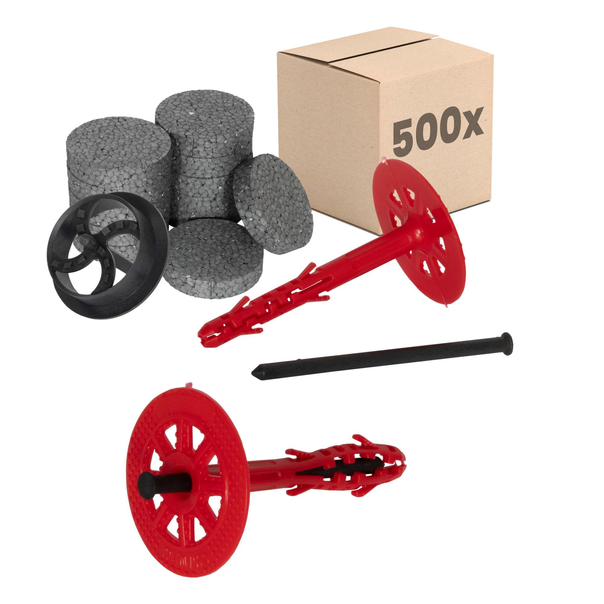 PROTEKTOR 500x Kołek izolacyjny z gwoździem z tworzywa, zestaw Ø10 x 200mm | Kołki talerzowe (z 600 podkładkami + 1 frezem) do ETICS, kołki wbijane z certyfikatem ETA