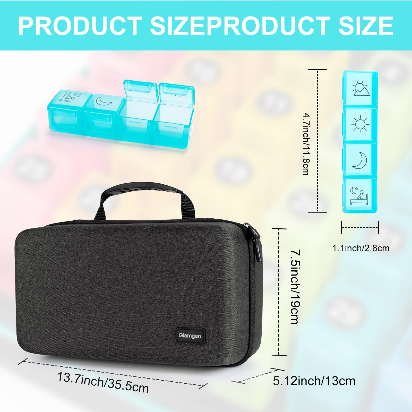 Glamgen Pilulier mensuel 4 fois par jour, 30 jours quotidiens avec grand étui de voyage rigide portable, étui de voyage 32 compartiments pour vitamines, suppléments et médicaments, 1 unité