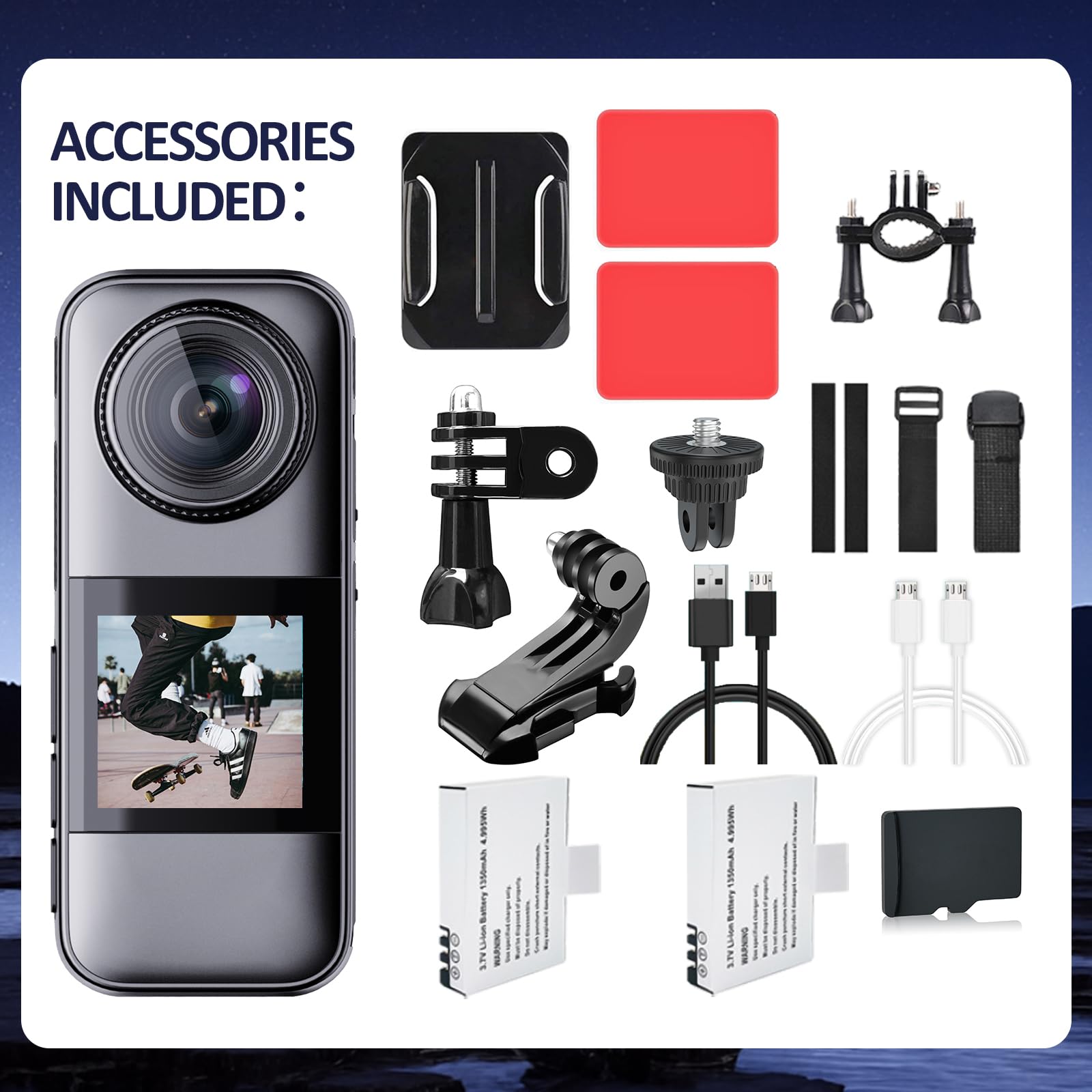 Action Cam Dotato di scheda di memoria 32GB, doppio schermo Telecamera Moto,Action Cam con batteria ricaricabileda 2 x1350 mAh e set di accessori(grigio nero)