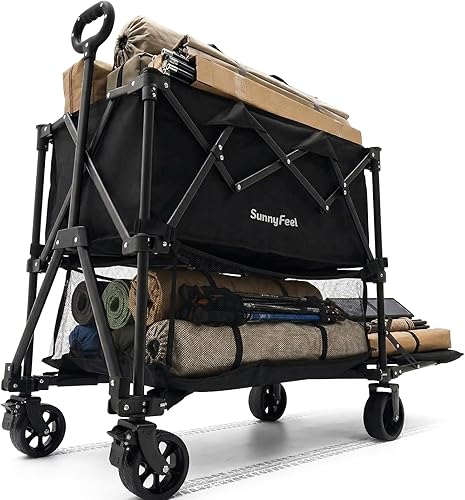 SUNNYFEEL Lightweight 47''L Double Decker Wagon for Sport, 270L Collapsible Wagon Cart,331lbs Collapsible Outdoor Utility Wagon Cart for Shopping Garden Camping,Black-Lightweight