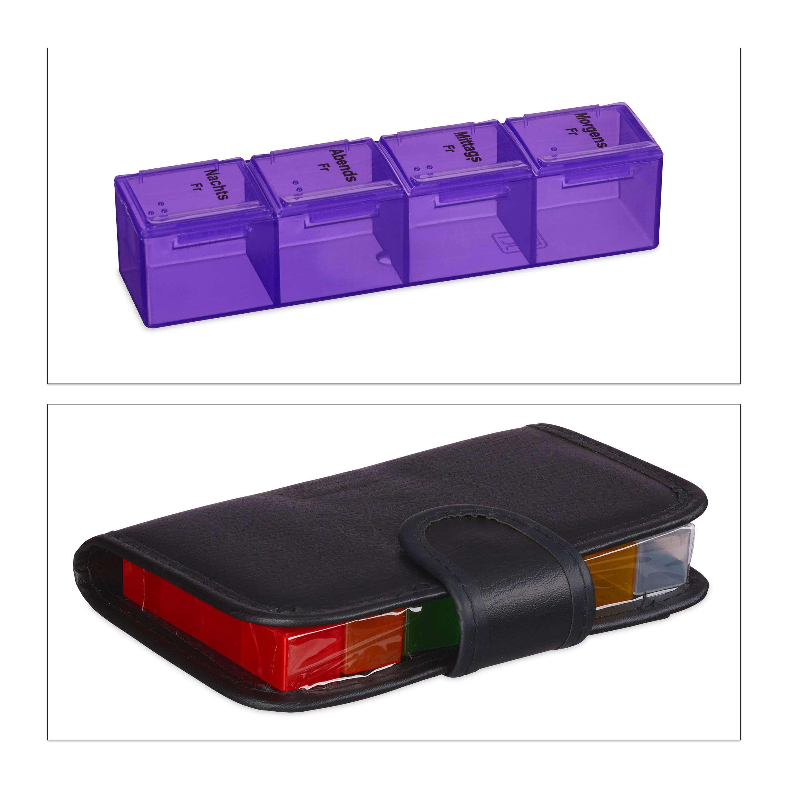 Relaxdays Tablettenbox 8er Set, mit Etui, 7 Tage, 4 Fächer, schwarz | wöchentliche Pillendose für unterwegs & Reise, Tablettenetui