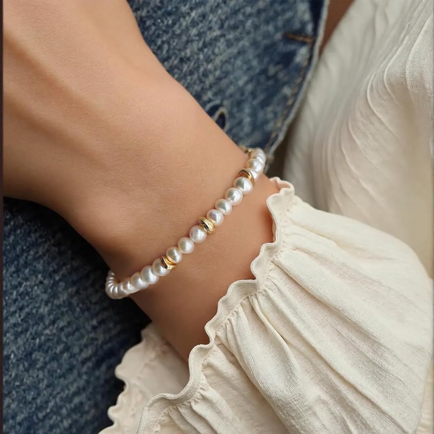 14k Gold Pearl Bracelets for Women with Natural Freshwater Pearls, Dainty Fashionable Gold Bangle Bracelets, Hypoallergenic Gold Jewelry Accessories for Women,Valentine's Day gift - Image 4